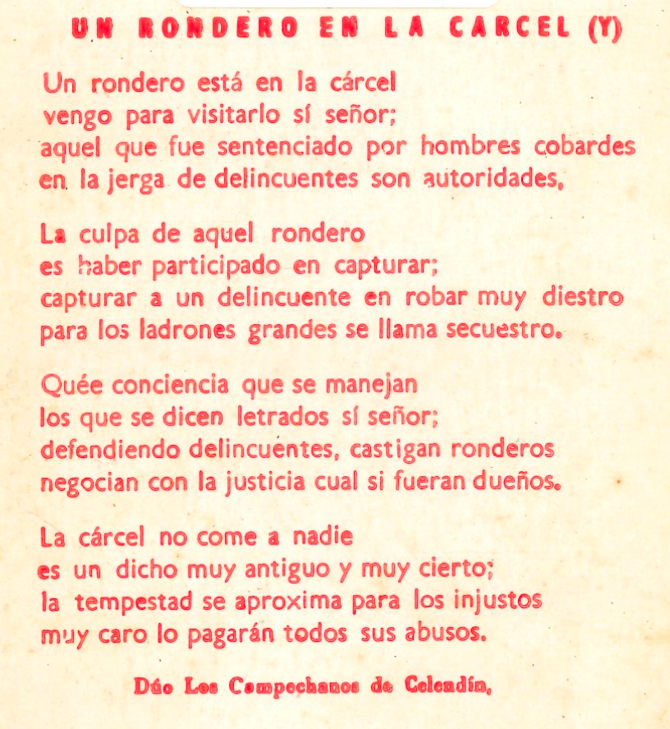 Figure 6. Song about an imprisoned rondero, included by &Oacute;scar S&aacute;nchez &ndash;rondero himself and organic intellectual of the rondas campesinas&ndash;in his book La justicia campesina, published by the Federation in 1993. 
