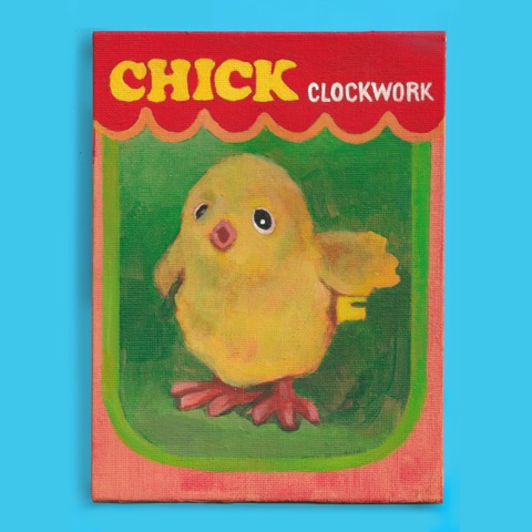 An A5 acrylic painting on board called CHICK CLOCKWORK by Jamie She