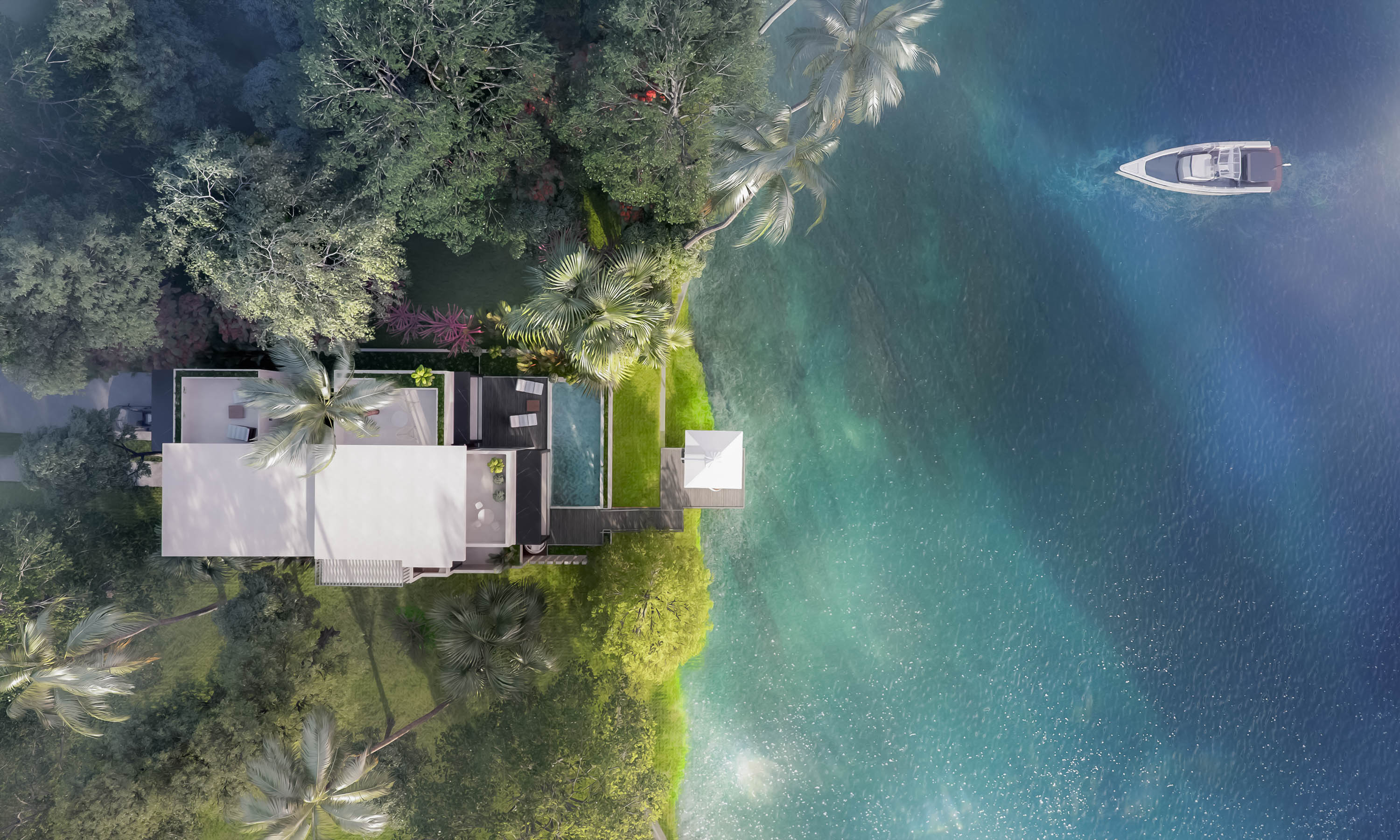Birds-Eye Rendering of a typical villa and its beautiful nature environment in the Solforest project in Hanoi.