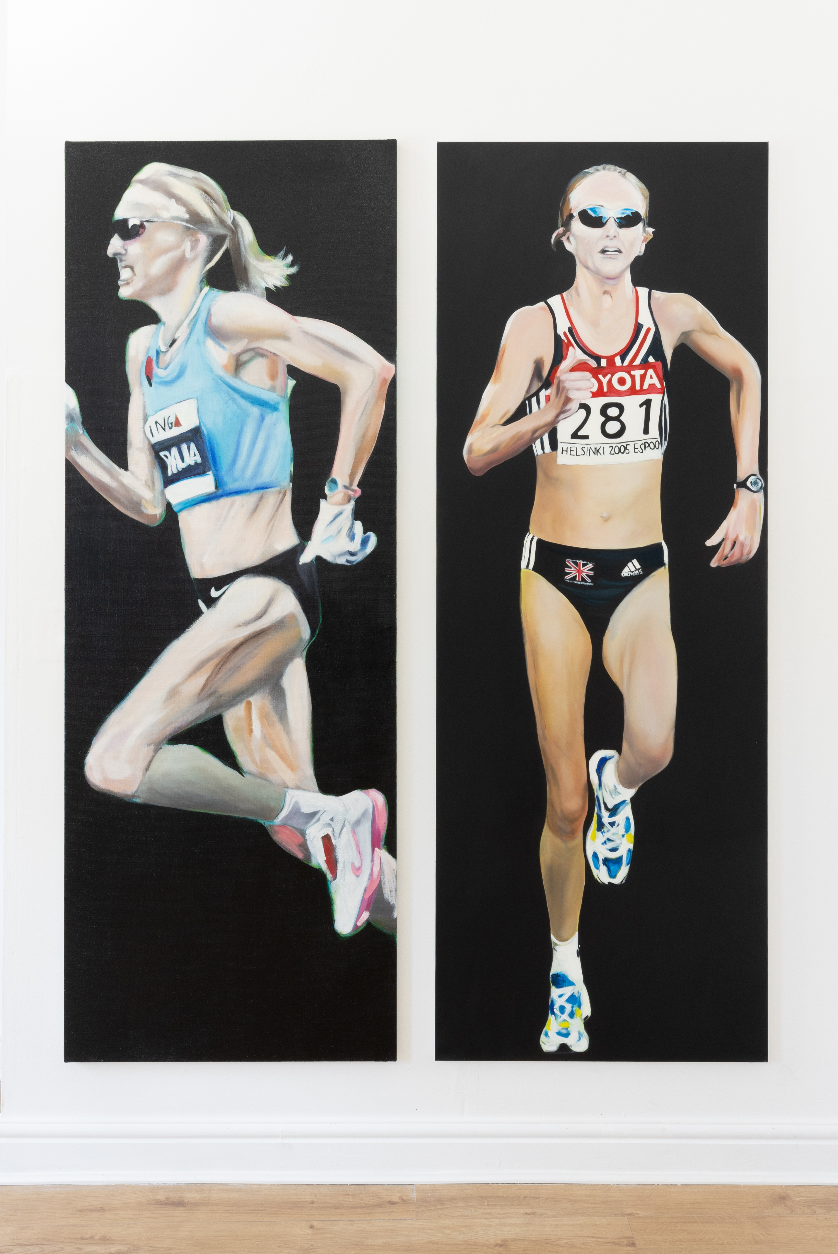 lockdown MMXX, 2021	, oil on canvas, 183 x 66 cm and  lockdown MMXXI, 2021 oil on canvas, 183 x 66 cm - Lucy Evetts