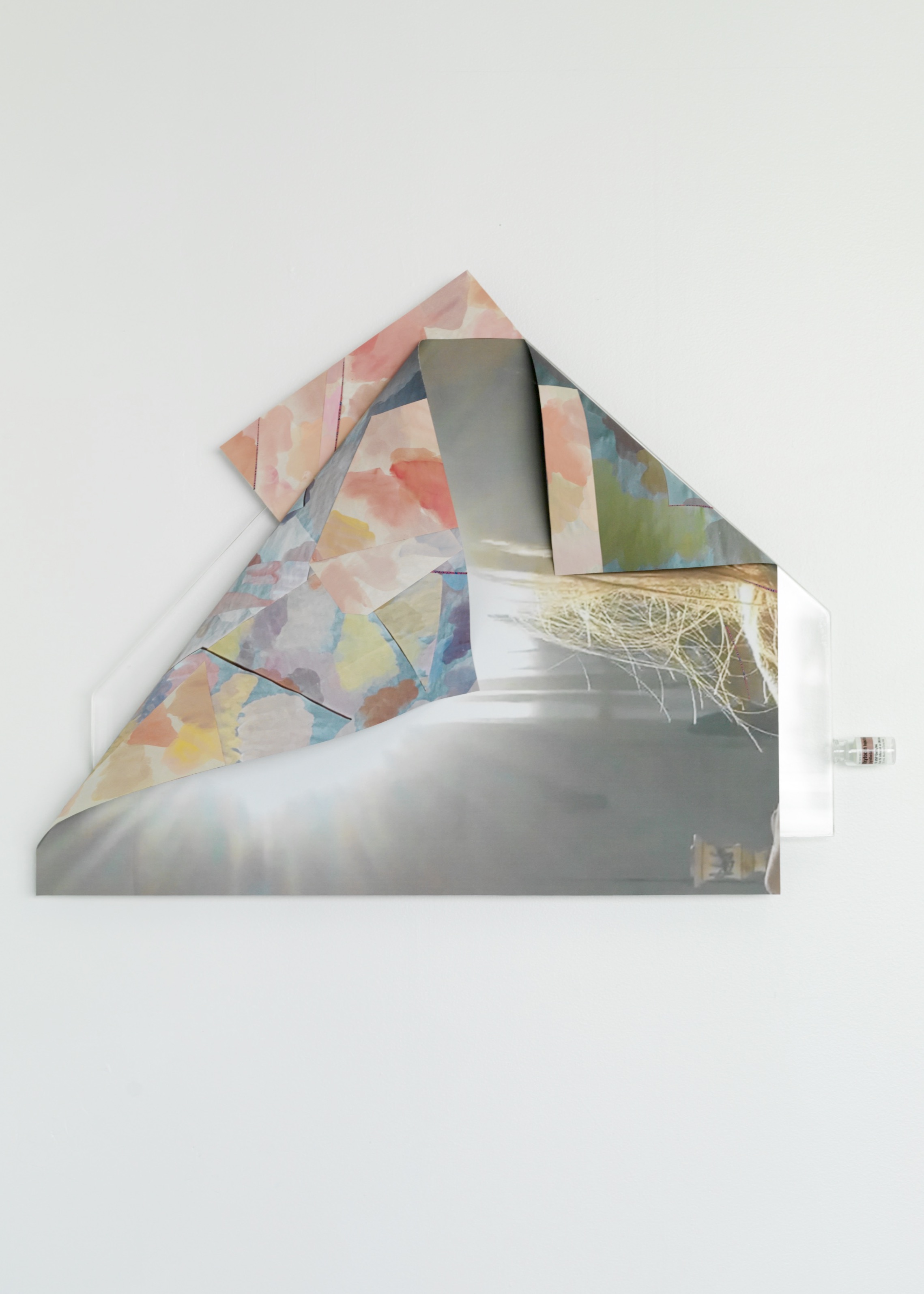 Hey Lover Letter #2, 2021, gouache mixed with hormones on paper, double sided digital pigment print, glass oxytocin bottles, mounted on acrylic glass, approx. 20 1/2 “ x 28 1/4”