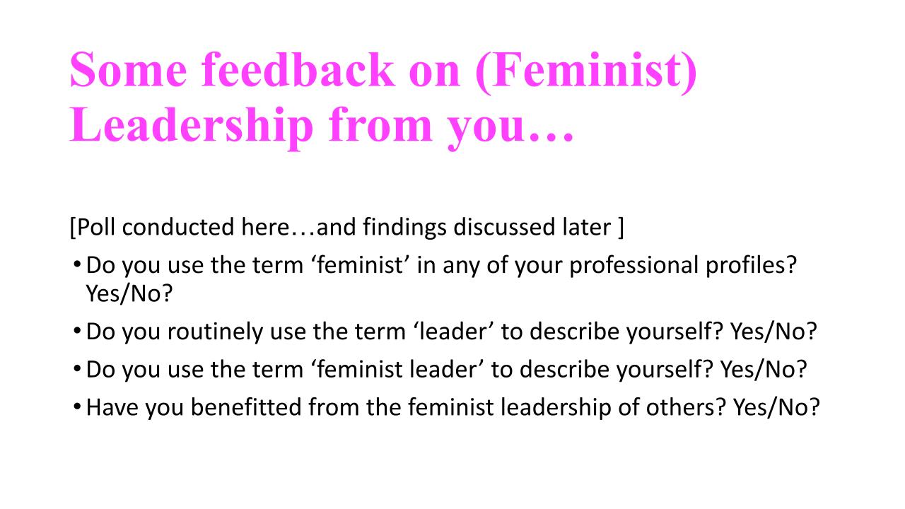 Extracts from MA presentation. Slide 6: Reads 'Some feedback on (Feminist) Leadership from you… [Poll conducted here…and findings discussed later ] Do you use the term ‘feminist’ in any of your professional profiles? Yes/No? Do you routinely use the term ‘leader’ to describe yourself? Yes/No? Do you use the term ‘feminist leader’ to describe yourself? Yes/No? Have you benefitted from the feminist leadership of others? Yes/No?' 2020. 