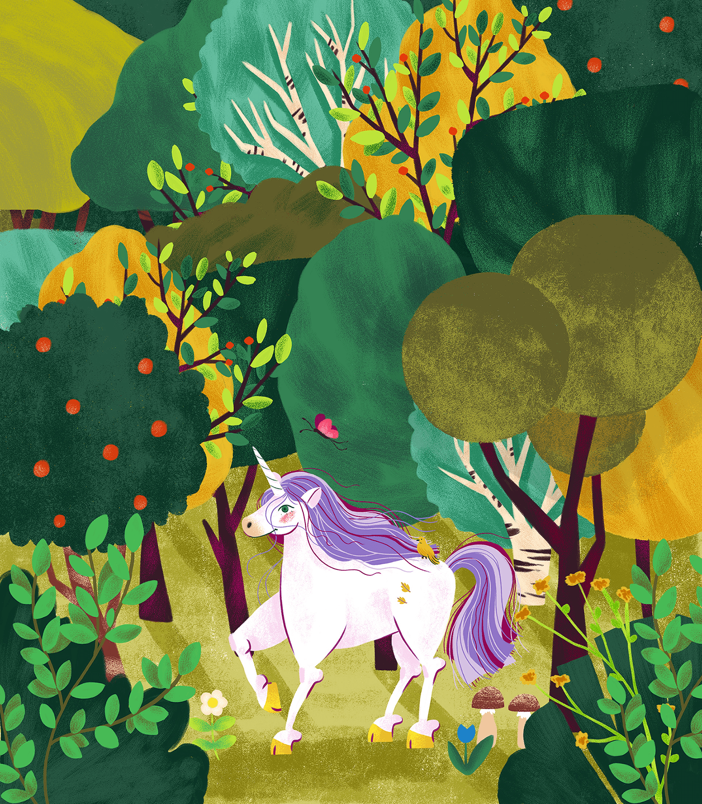 A unicorn and a butterfly in the forest.