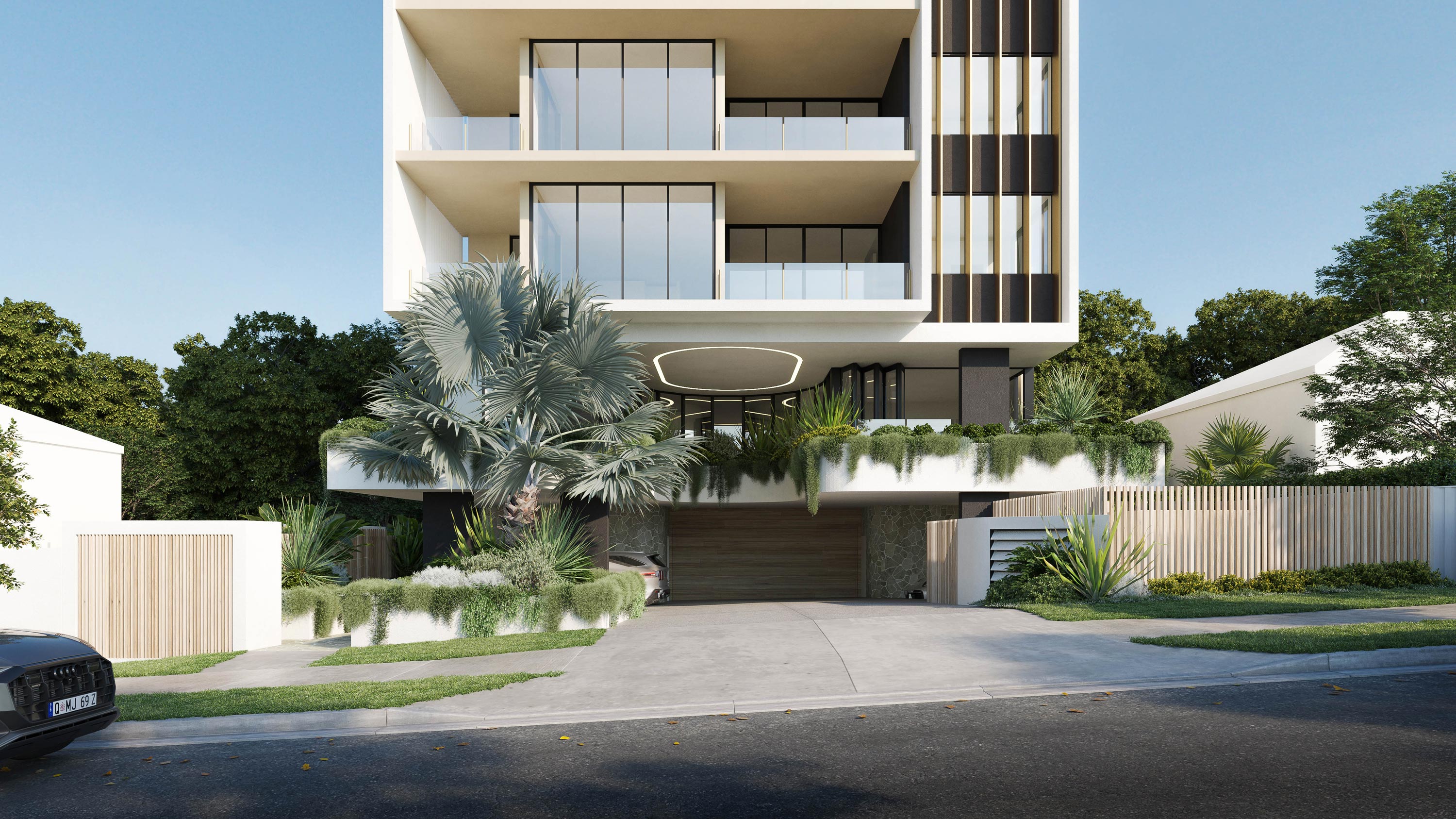 Podium level and arrival experience featuring a landscaped and gently curved base.