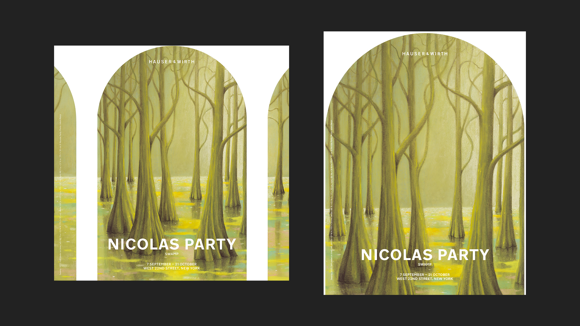 Artforum and Frieze Magazine print advertisements for 'Nicolas Party. Swamp' (2023).