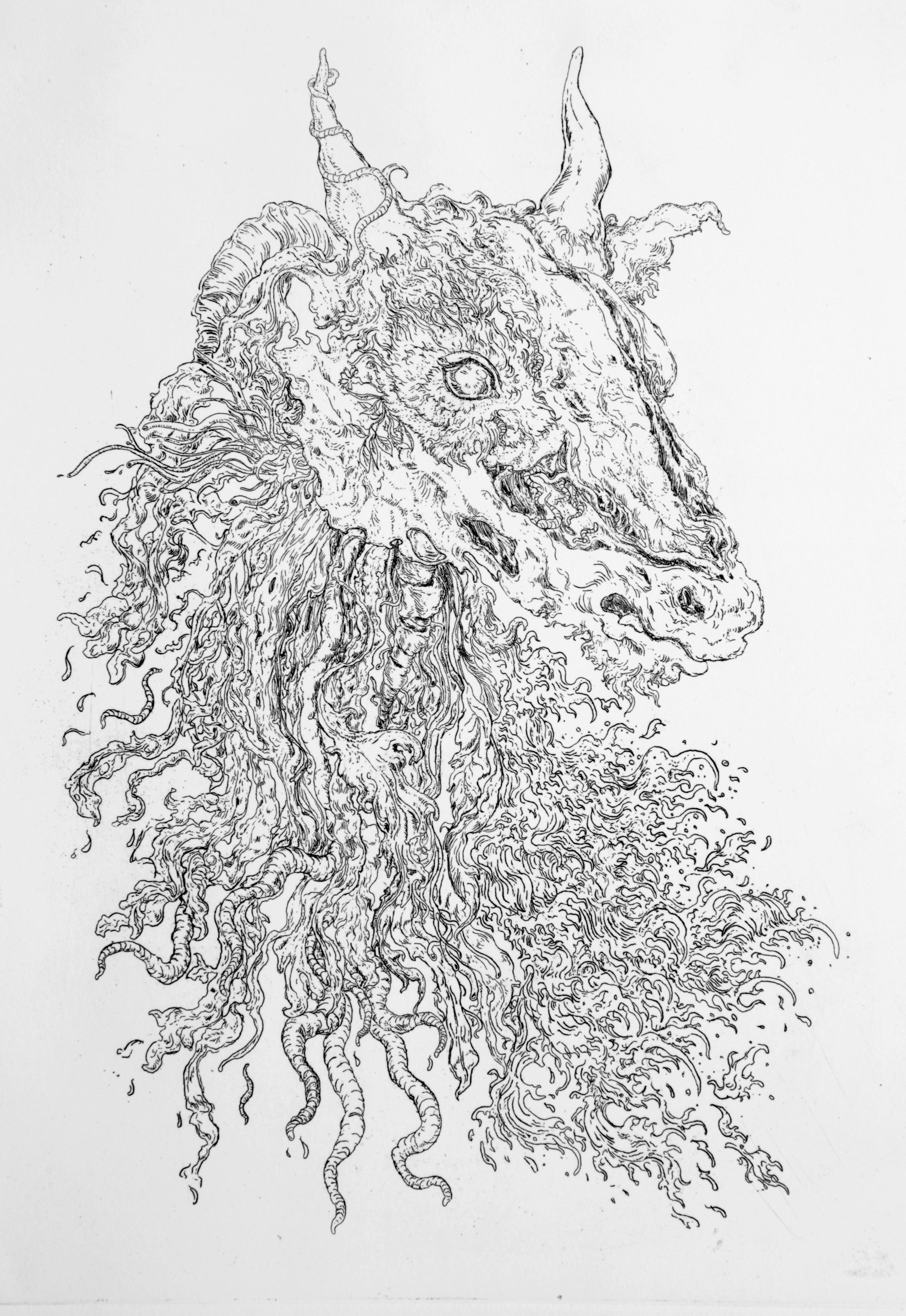 " Fragonard's Decapitated Forest God. Etching. Editions of 10. 29.7 x 42 cm.