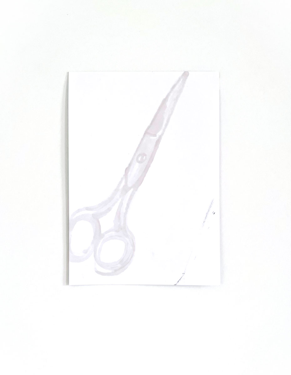 8/26 — SCISSORS.During her residency at the MQ21 in Vienna, Austria, as part of her Fulbright Independent Scholar appointment, Quinn began working on a companion drawing project to The Haircut while conducting new research on women's representation in media.  Charcoal, drawing pens and markers, oil pastel, paint, and pencil, the group of seventy-some drawings ranges in size from A5 to A2 on various papers; 2021-ongoing.