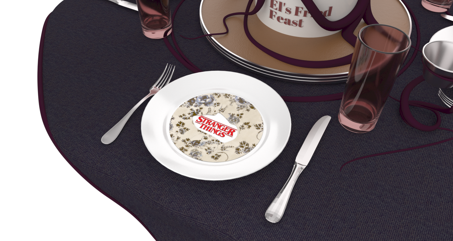 Standard plates would be elevated with themed layered paper oil blotters, the logo bursting through the Byer's family house wallpaper.