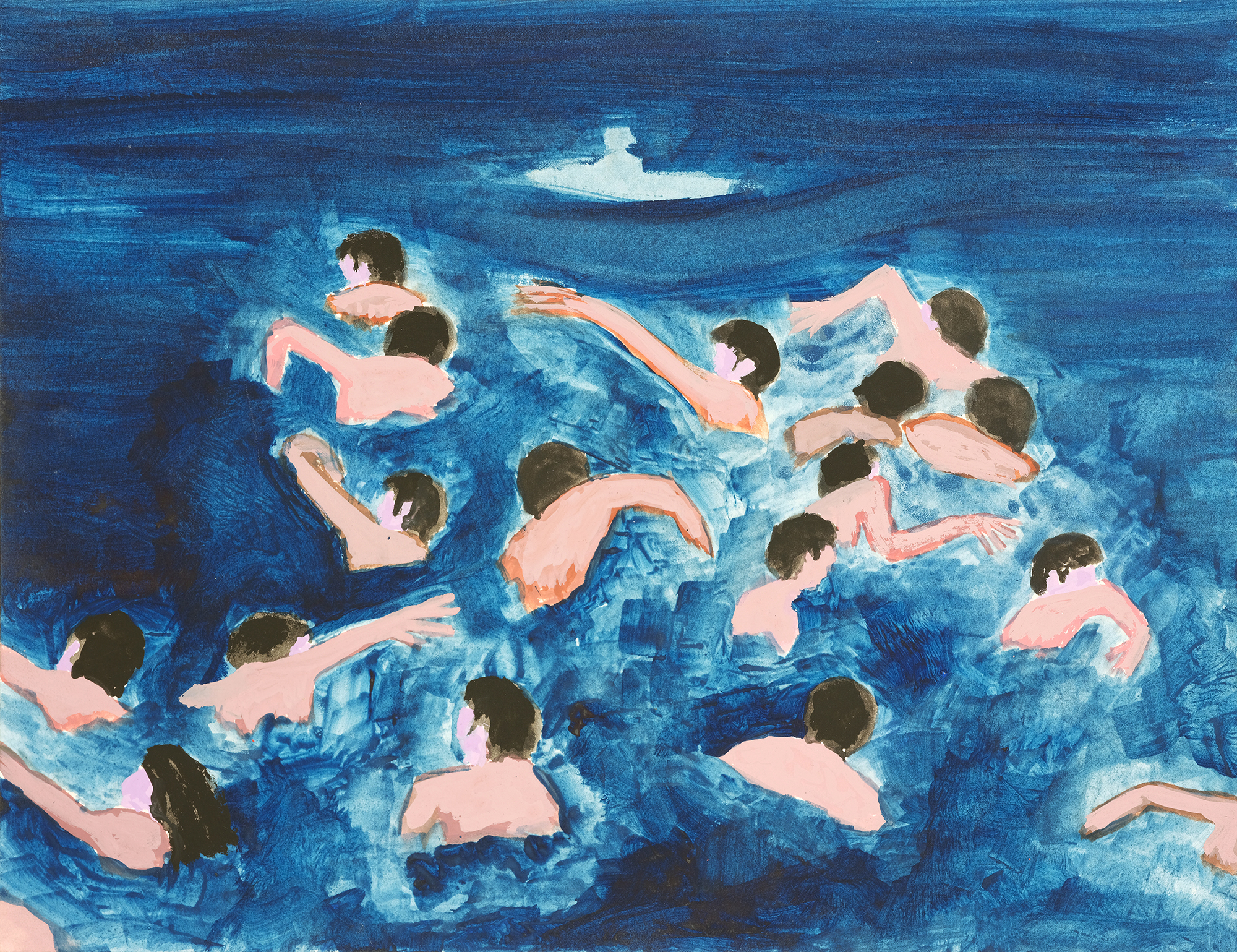 Swimming lessons in Varanasi on winter mornings, Gouache on paper, 20x26 cm, 2023