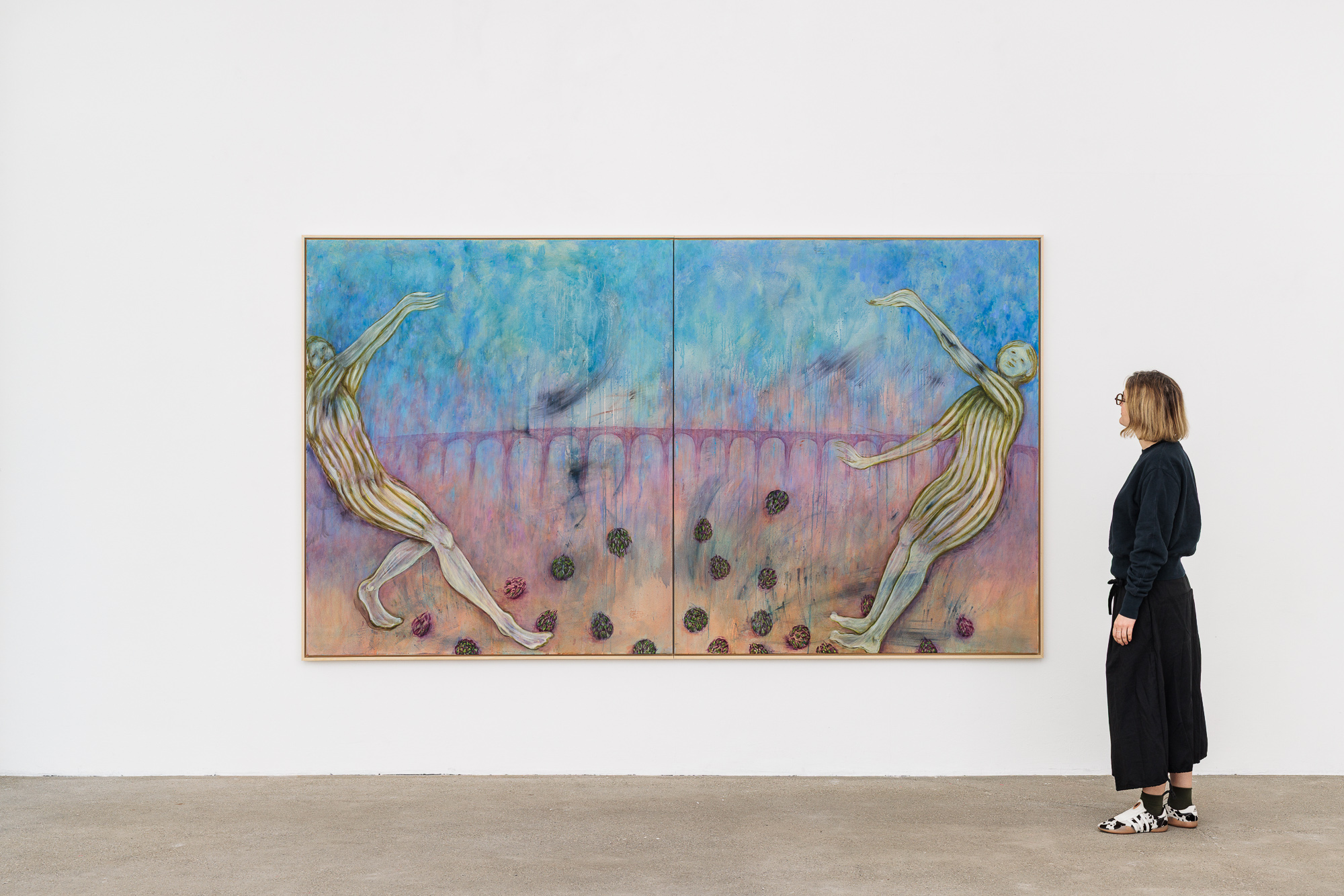 Throwing Gestures At Each Other, 2025, oil, ink and pigment on canvas, 170 × 300 cm