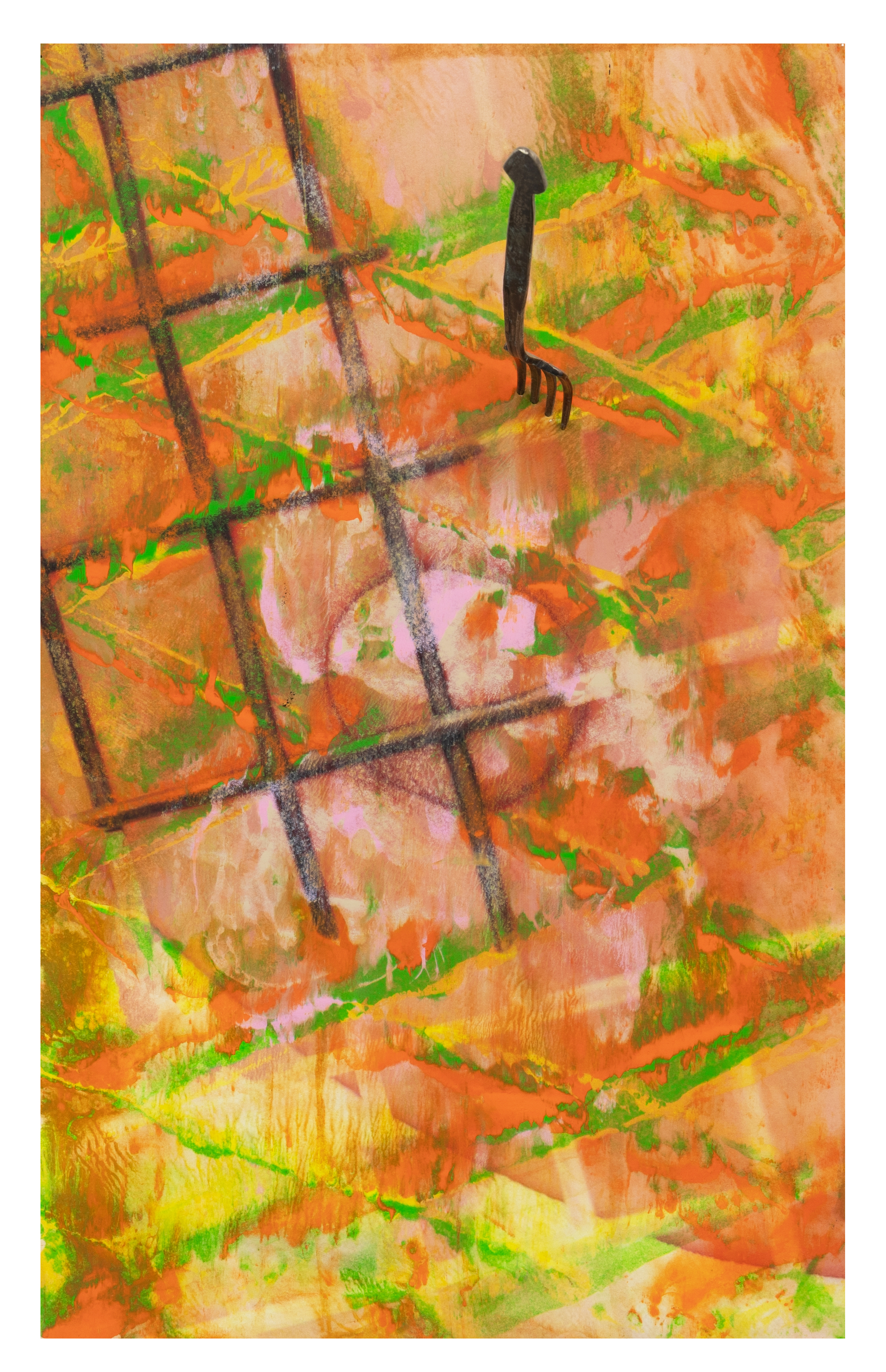 Nipple, 2021, Metal Fork and Oil on a Digital Print, 40x25x16.5 cm