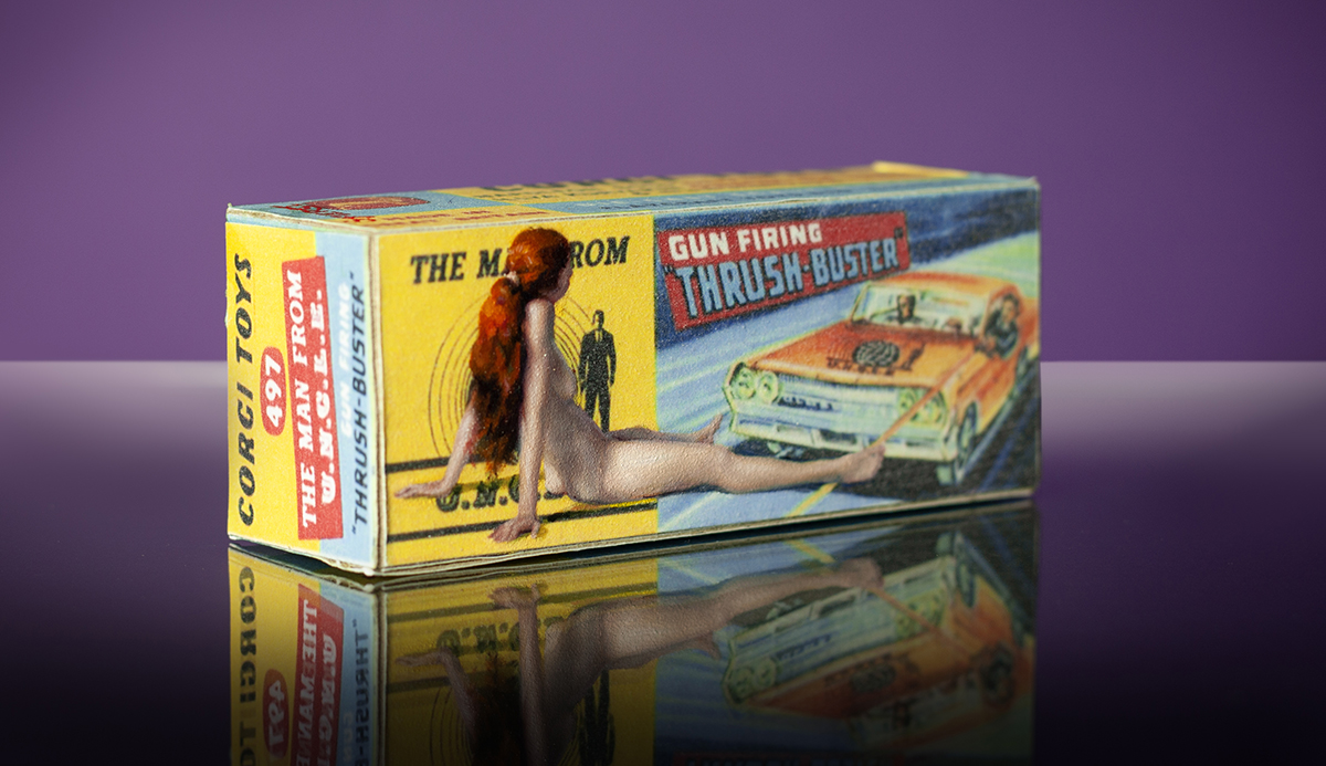 'Thrush-Buster'. Oil paint on replica Corgi Toys box. 11.2 x 4.3 x 3.5 cm