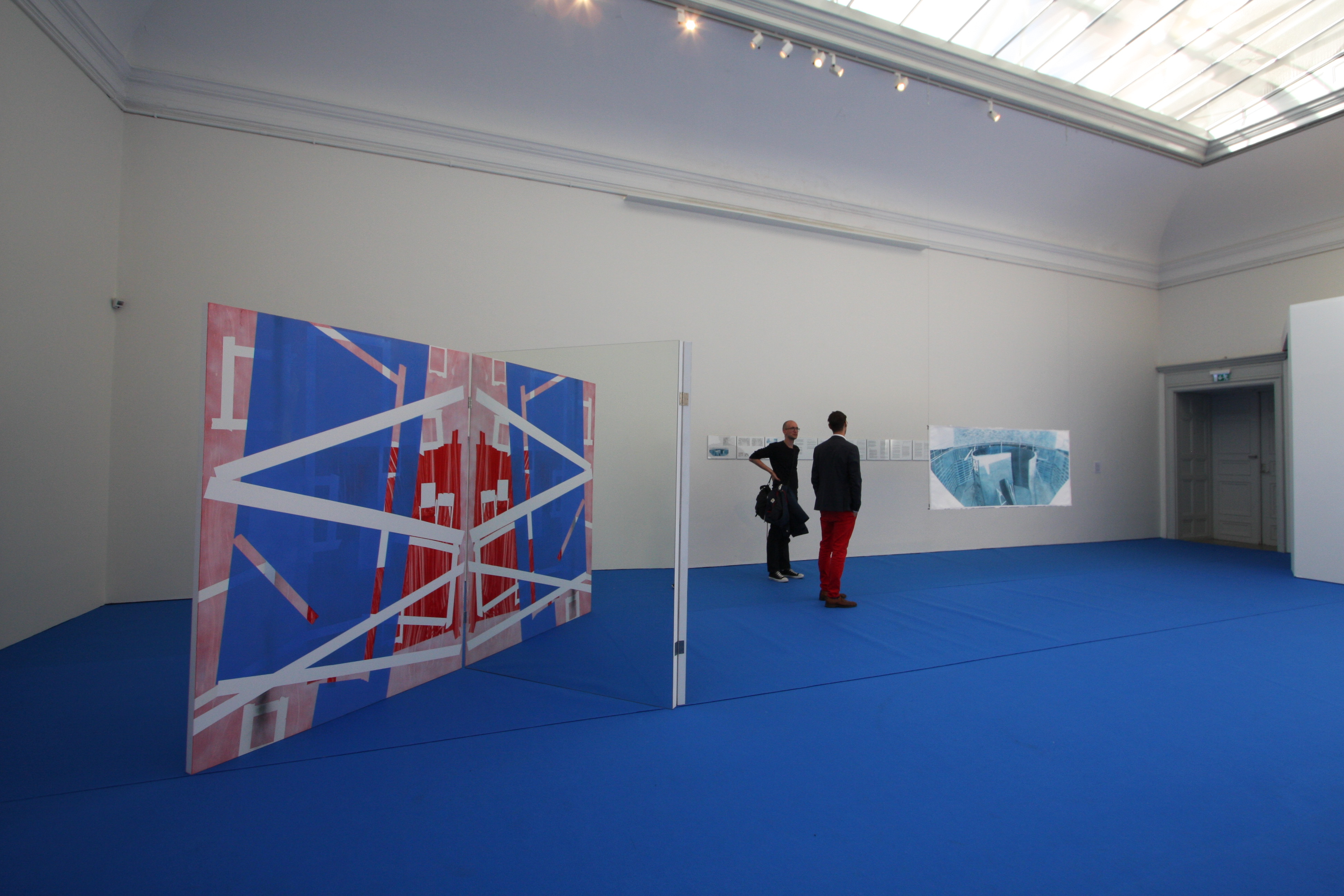 "Z", free-standing painting installation including two paintings and one mirror by Sigrid Sandström, Hanging painting and framed email conversation by Kristina Bength 2014