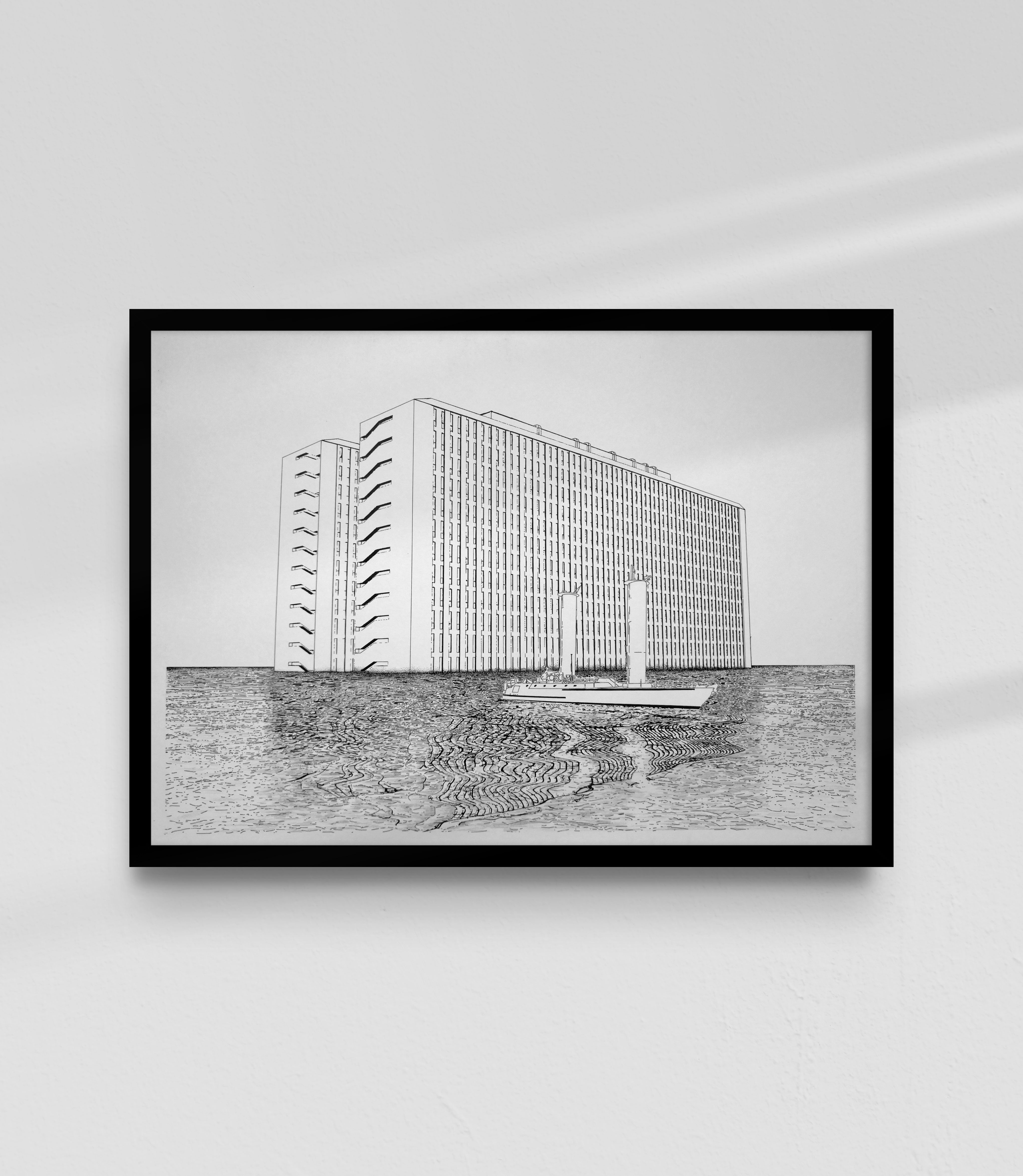 Hôpital paquebot et turbovoile - 65x50cm encre et graphite