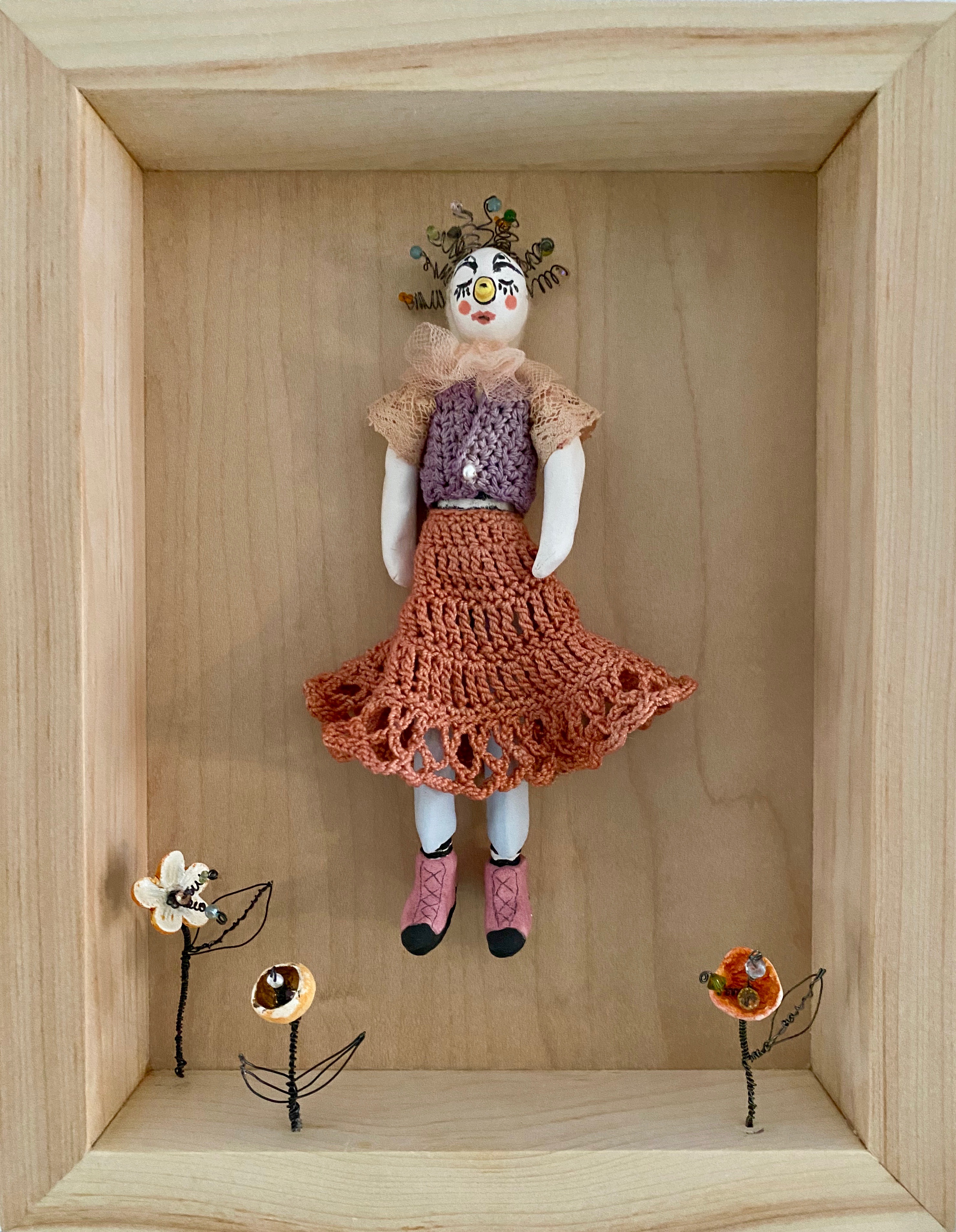 Dreaming, at The New Local Gallery → porcelain with gold luster; cotton thread (crocheted and dyed with Logwood and Matter); felted wool; glass, pearl and gem beads; steel wire