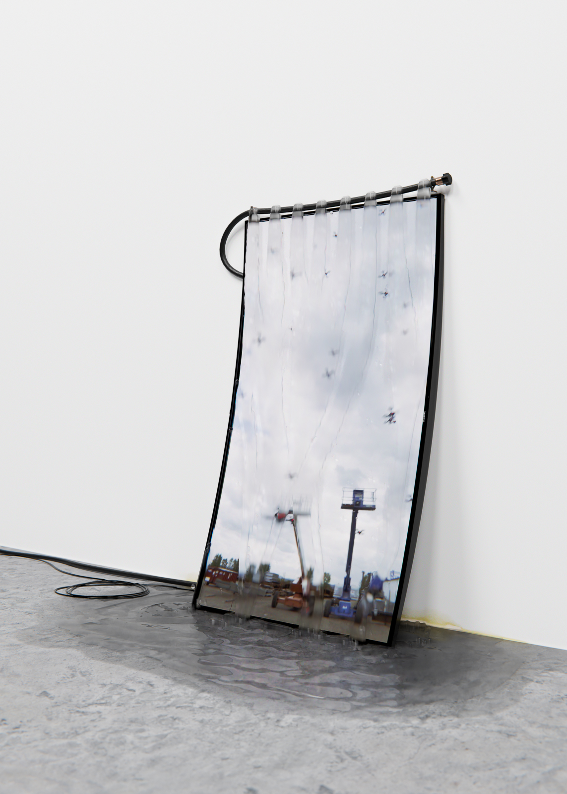 Liquid crystal display, 2020, curved LCD screen, garden hose, pump, hardware, water, 57 x 34 x 17 in. (145 x 86 x 43 cm)