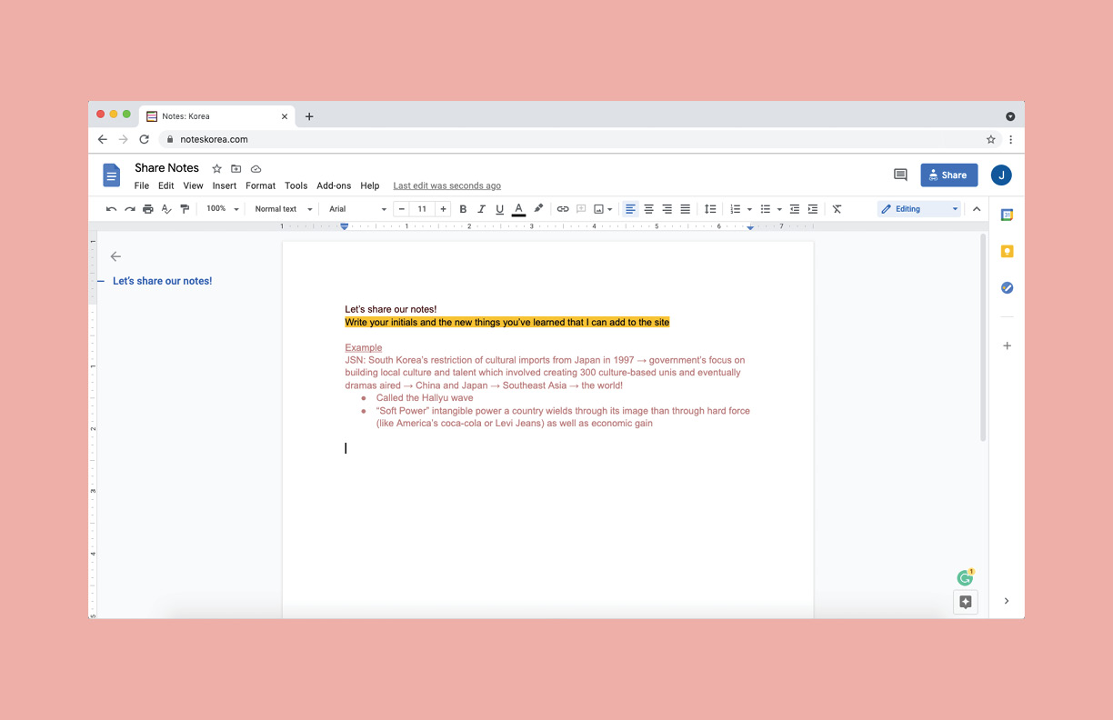 Shared doc for users to add information on Korean culture