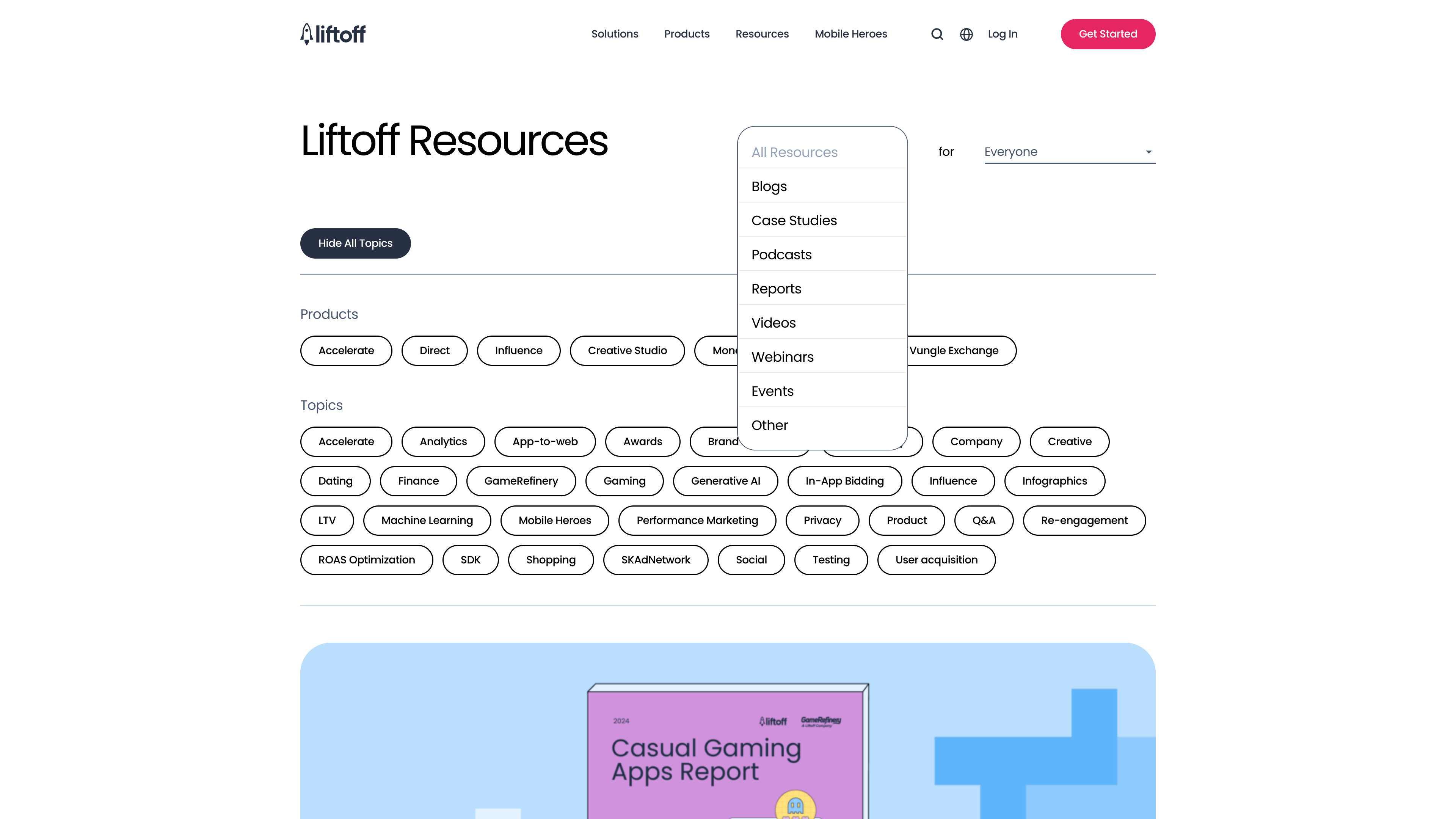 Resources Page showing updated taxonomy and tags by Product and Topic