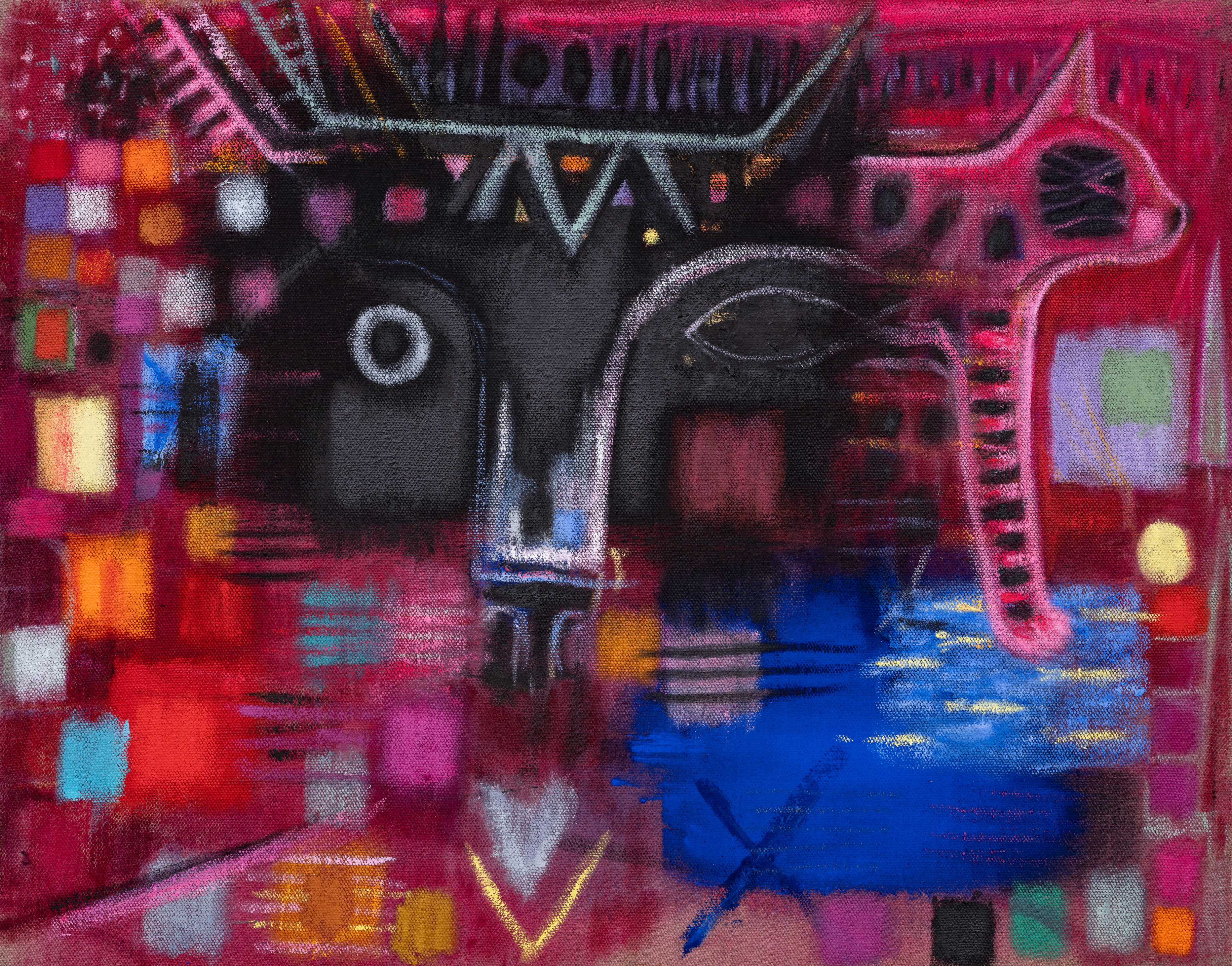 Blu and Layla in Landscape 3, 30” x 34”, oil and distemper on linen, 2025