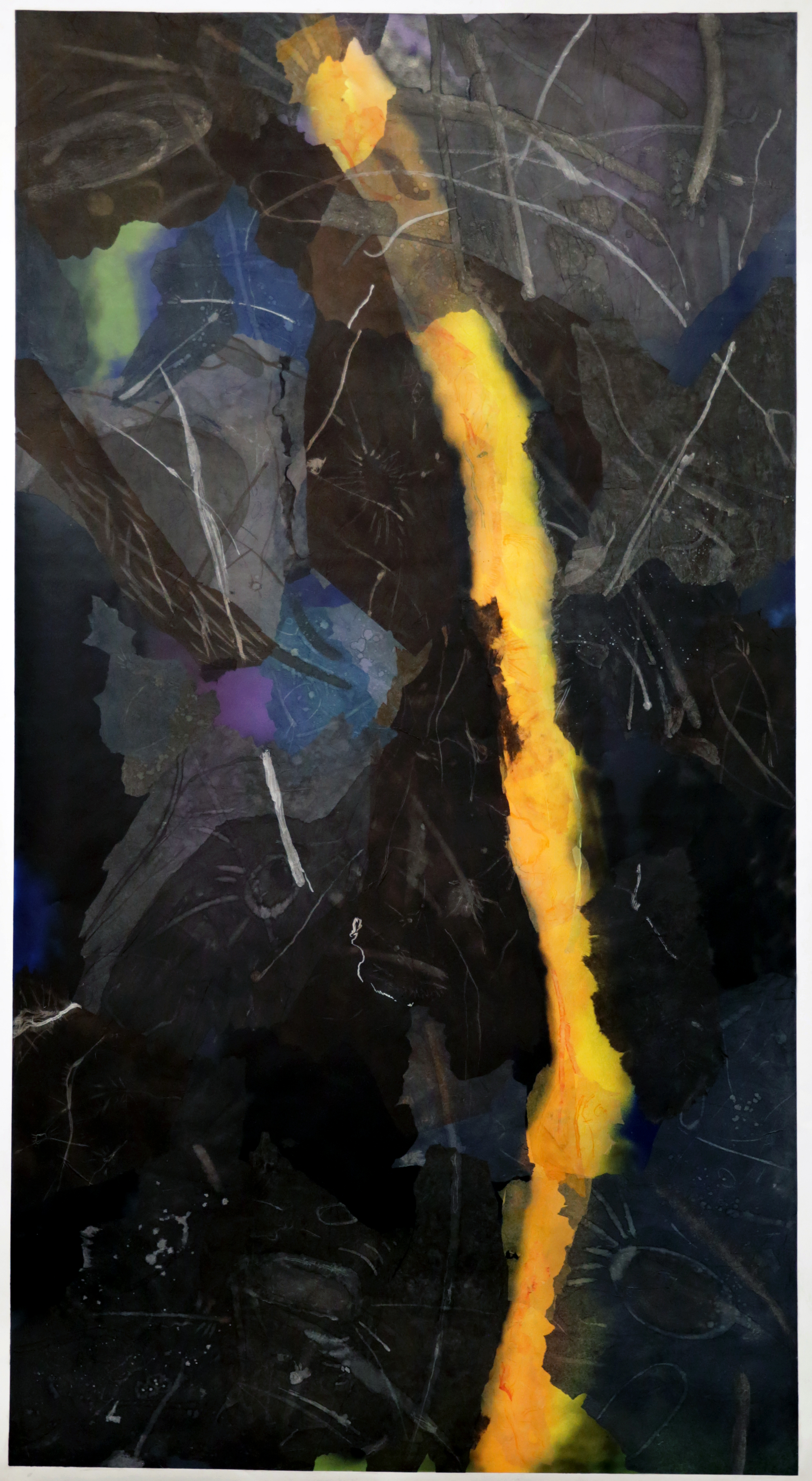 "Untitled Rift", 9'x5', alcohol ink, silkspan tissue paper and spray paint on academia. 2020