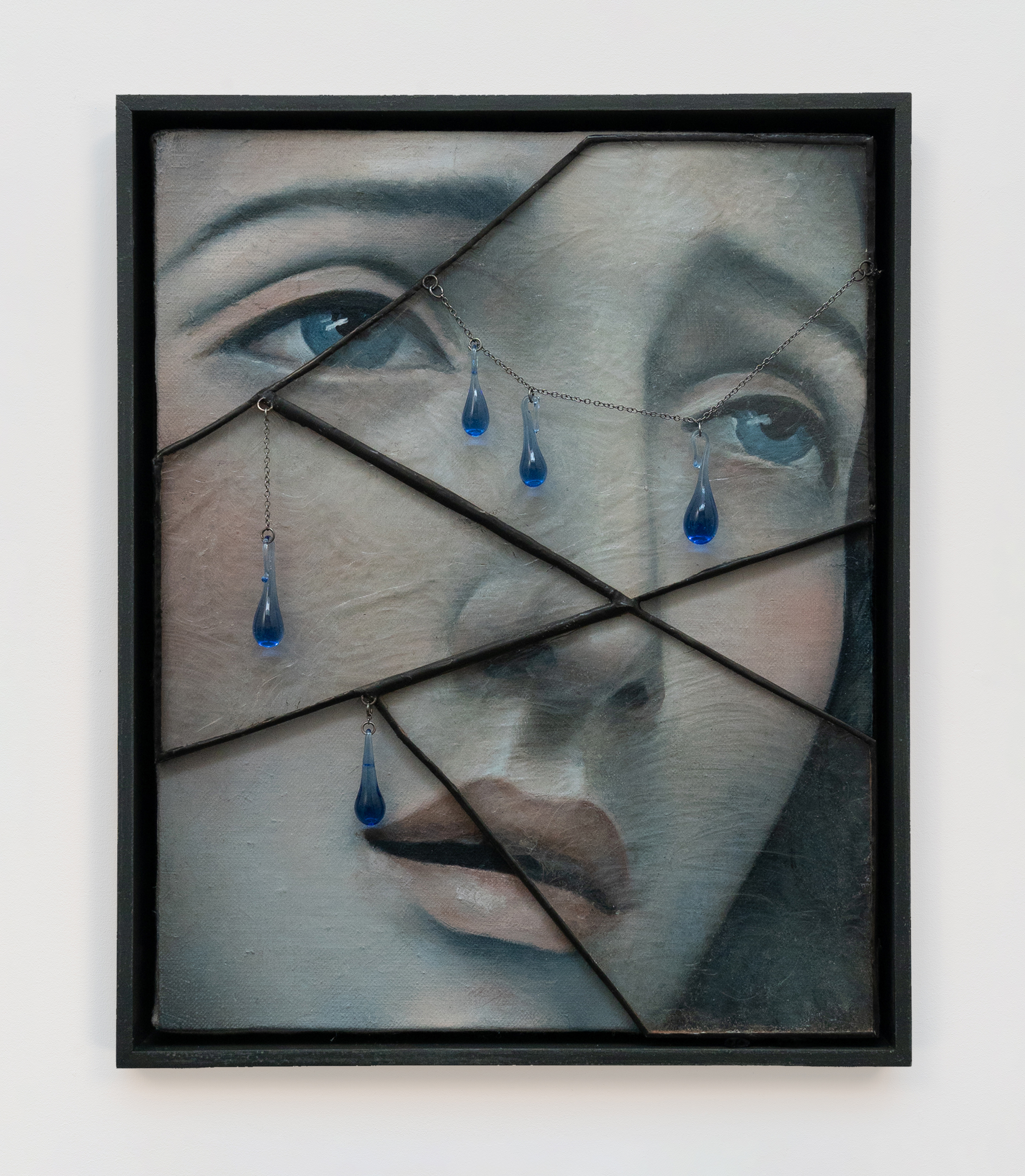 Lacrimosa II, 2023, oil paint on linen-wrapped wooden board, wax medium, glass, copper chain, wooden frame, 8 ¾ x 10 ¾ x 2 ¼ in.