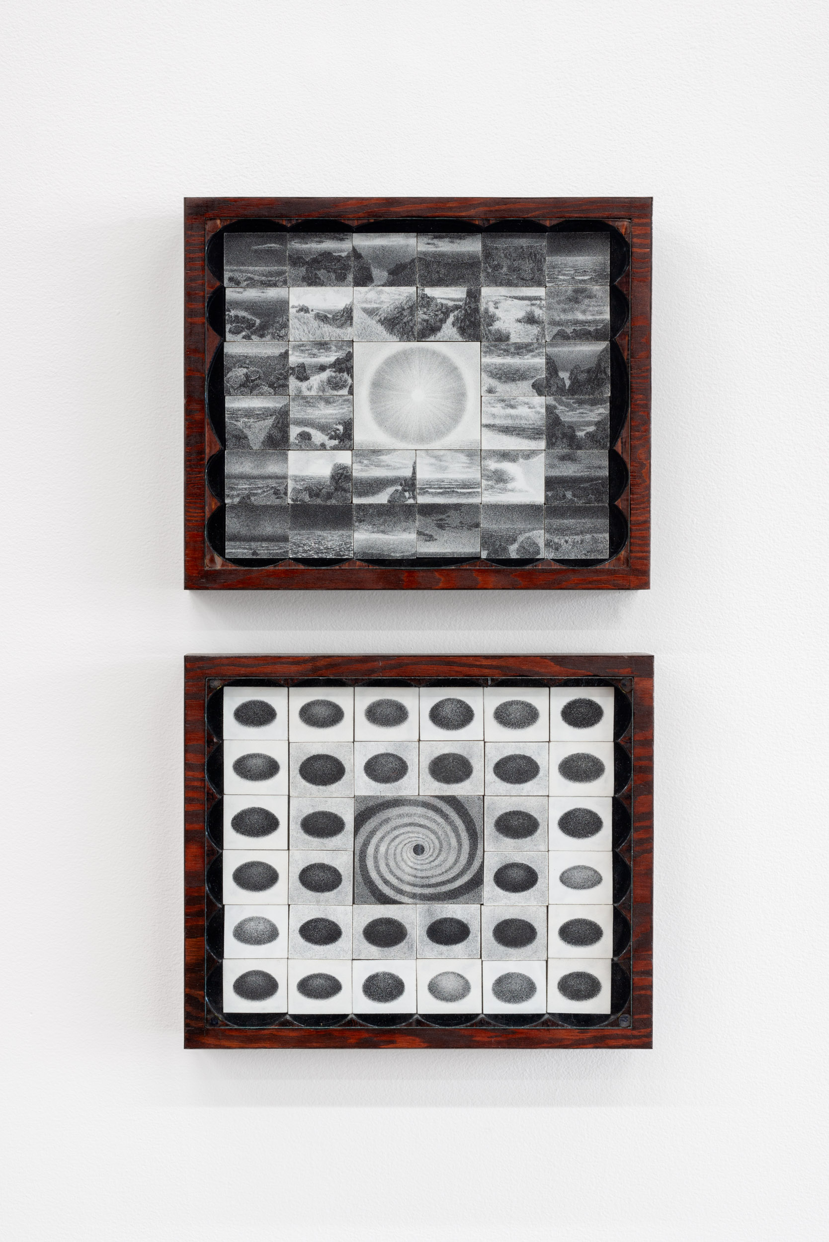 Marcel Lessard, 1.31(1) (landscape) & 1.31(2) (space), 2024, 10” x 11 3/4” / 25.5cm x 30cm each. Graphite on gessoed hardboard, plywood, cedar, paint, stain, shellac.