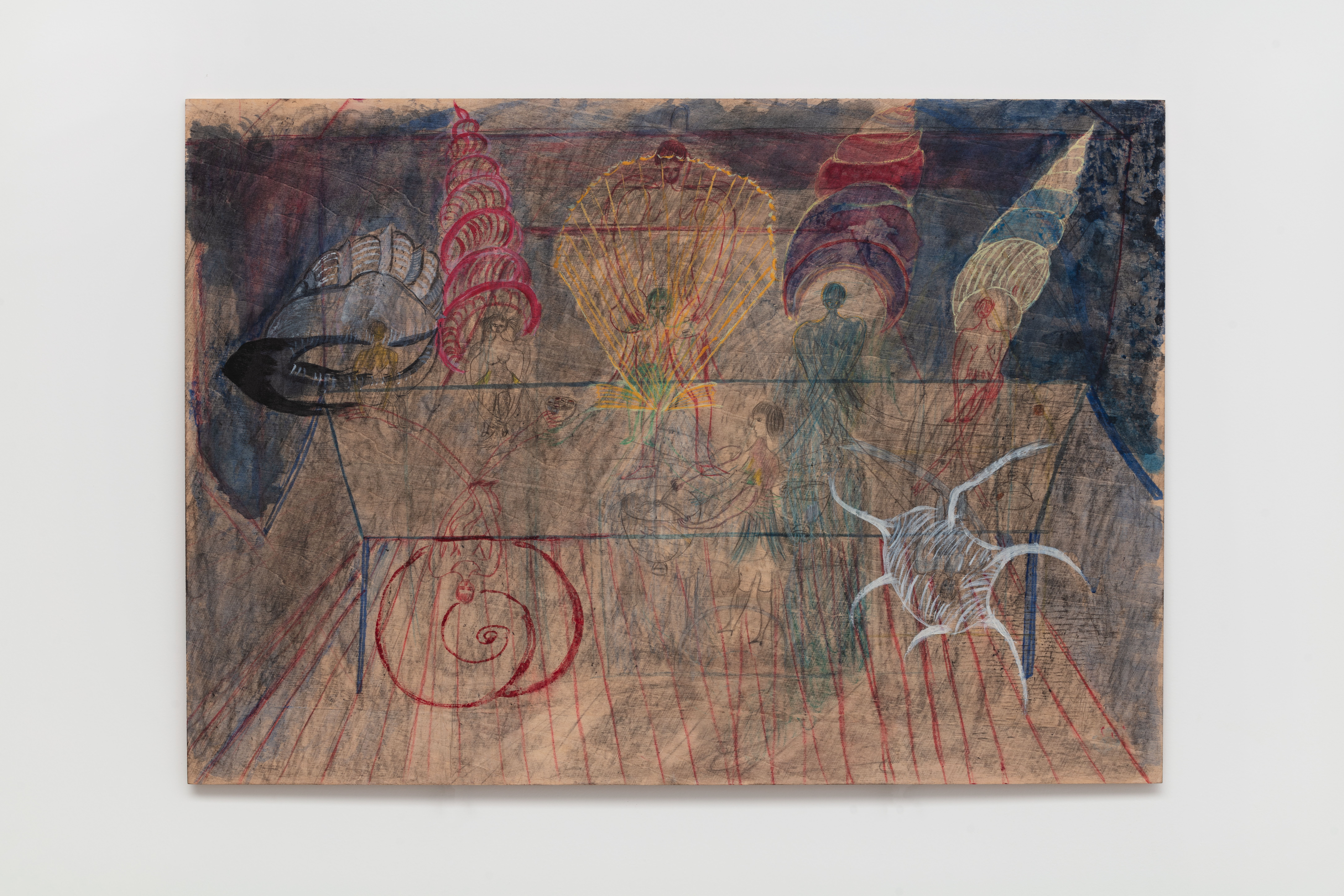 A Salvation of the Fat From My Kindergarten's Lunchbox-2, 42 x 60 cm, graphic, tempera, pastel, wax on wood, 2023