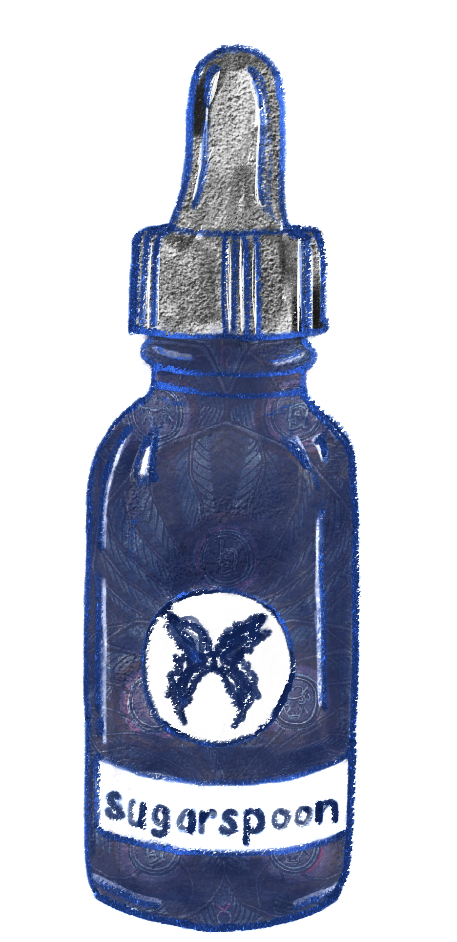 vero's illustration of a blue-tinted glass dropper bottle with butterfly logo and label "sugarspoon" and the image of 7 of pentacles from thoth tarot contained within the translucent bottle