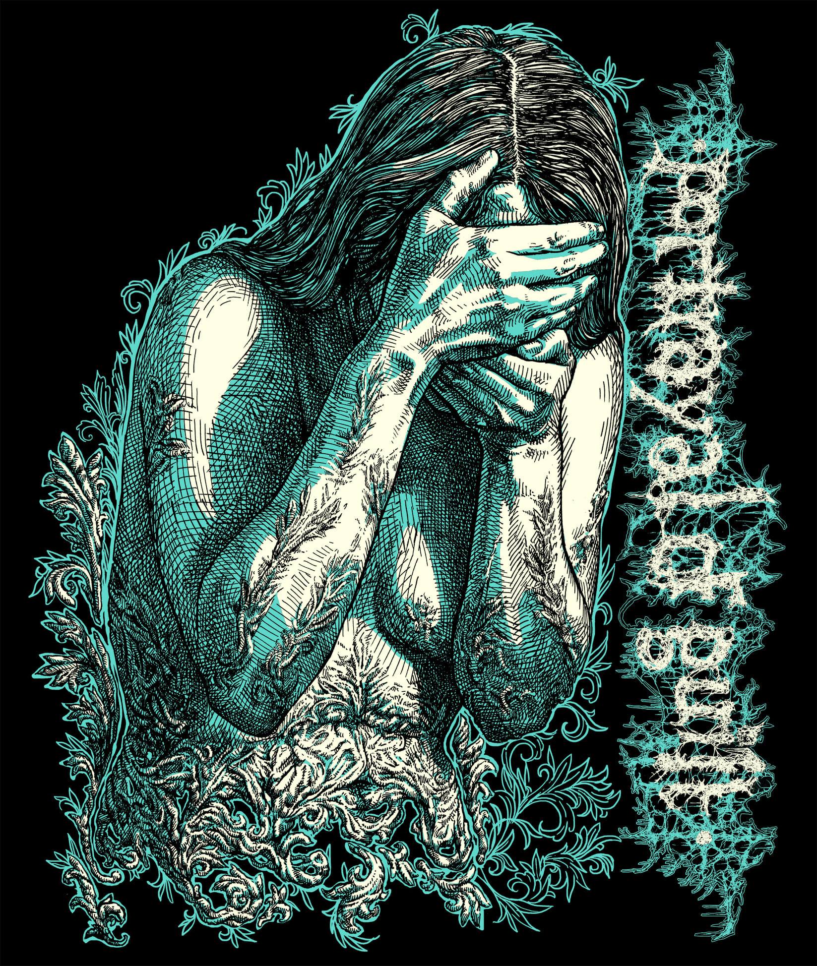 T-shirt for screamo / punk / blackened metalcore band Portrayal of Guilt. Available here in two colors, and here in a single color grey print.