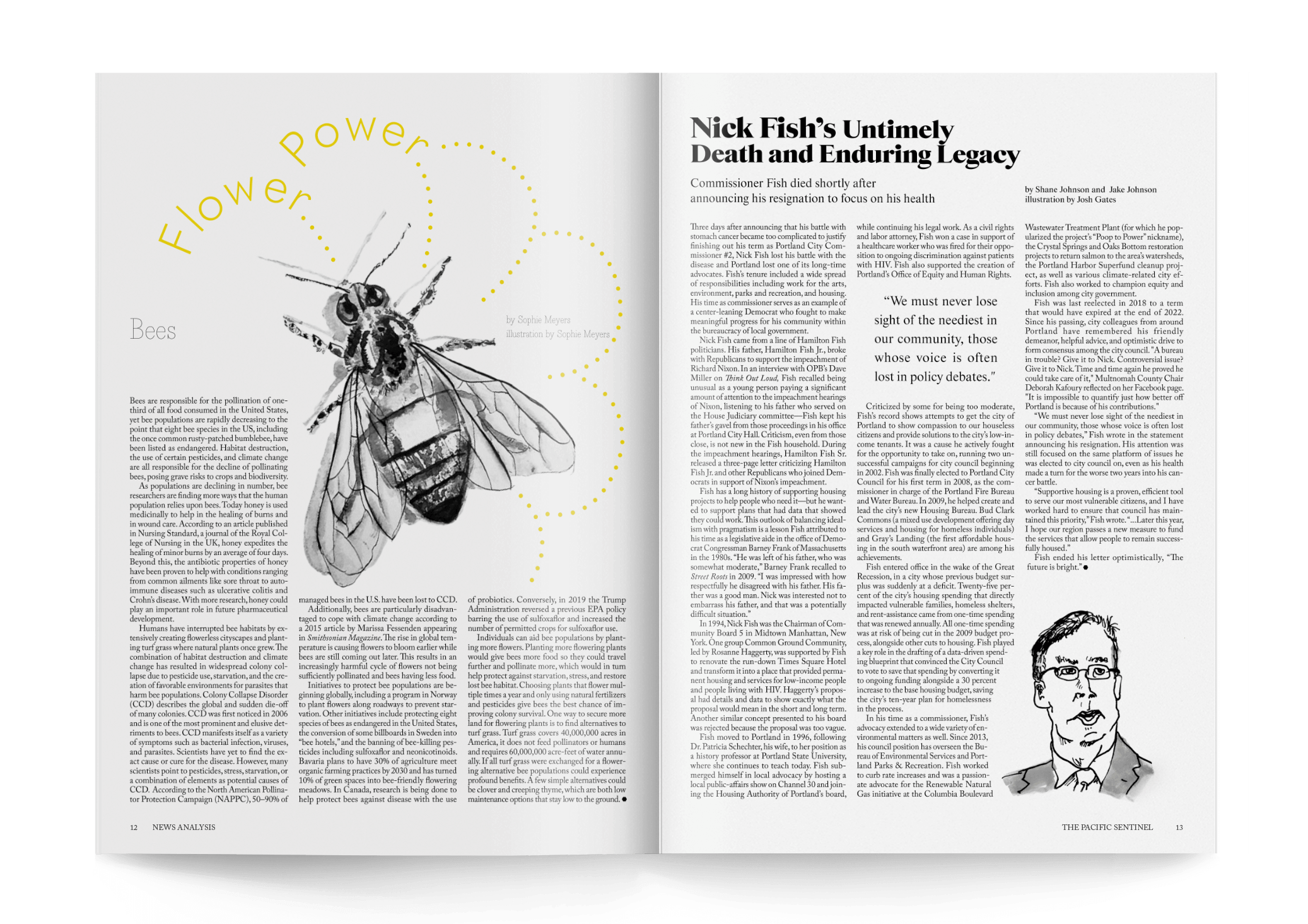 Mockup of "Flower Power" and "Nick Fish's Death and Enduring Legacy" articles