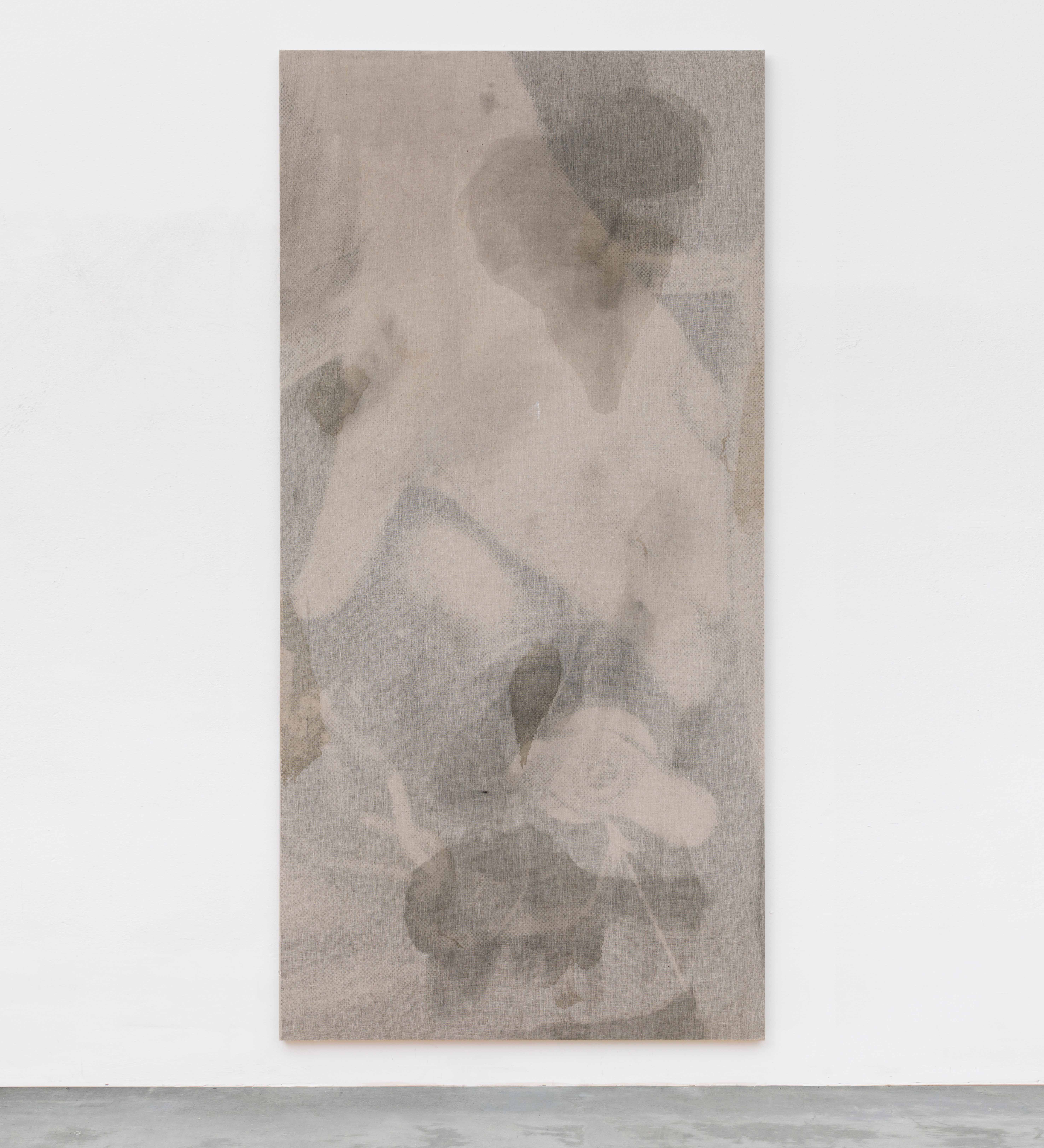 The Pianist (Subito Forzato), 2023. Silkscreen on cotton canvas covered with a layer of raw linen with water stains, ink, glue, glass cleaner. 265 x 130 x 4 cm