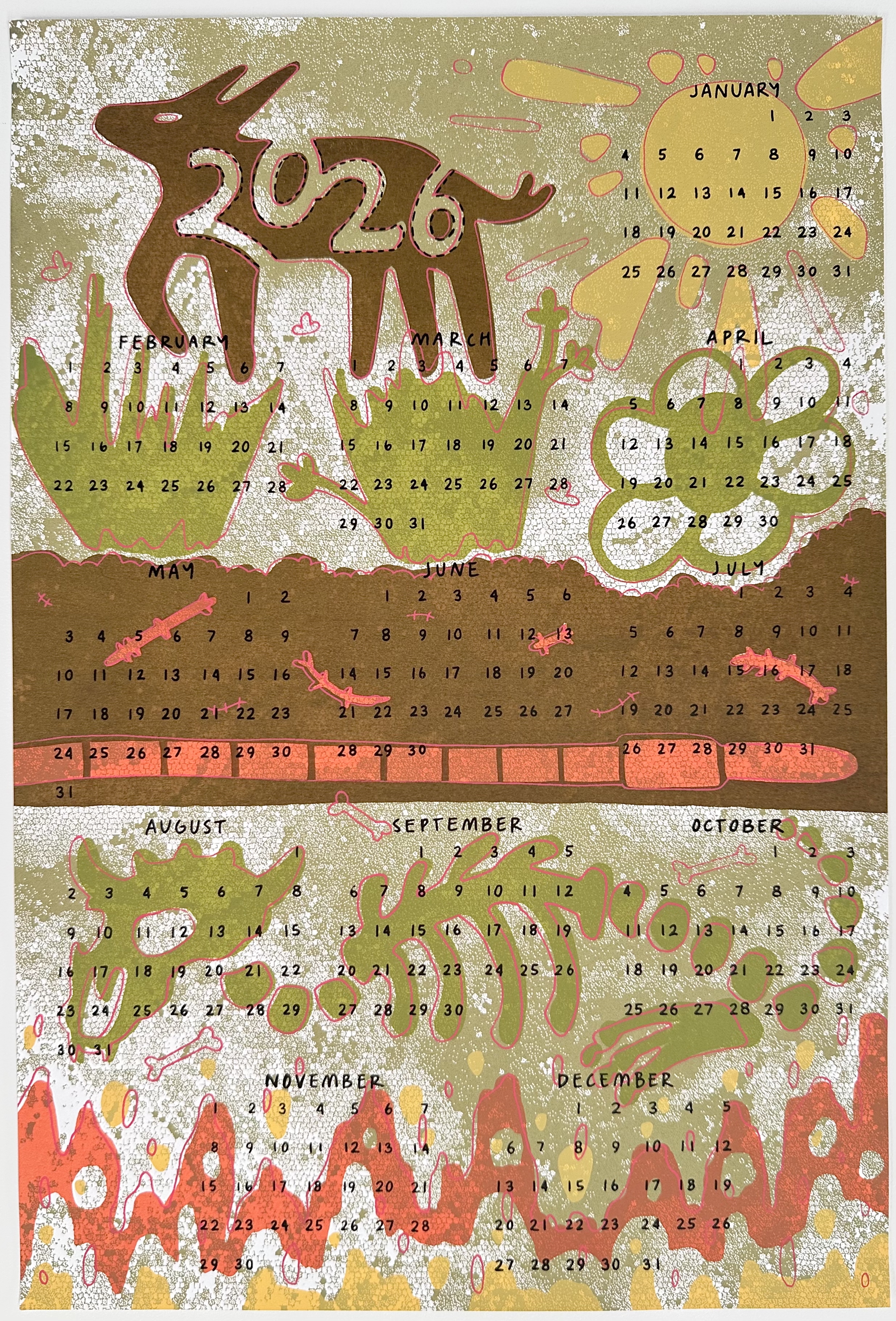 2026 Calendar (12"x18"), seven layer screen print