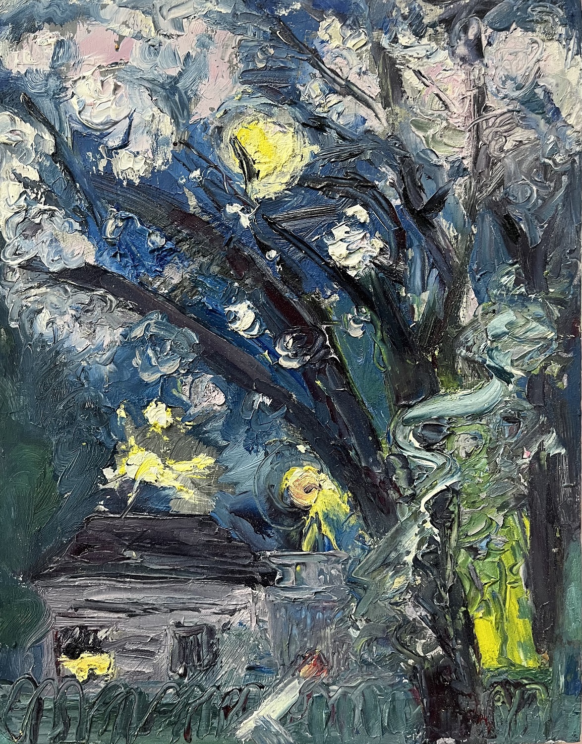 Backyard Smoke, 2023, Oil on panel, 11 x 8.75 in.