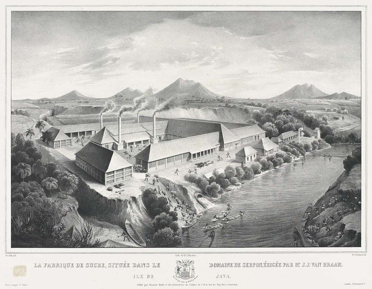The Serpong sugar factory, West Java. Lithograph by Willem Jan Gordon after a drawing by Adrianus Johannes Bik, 1842.