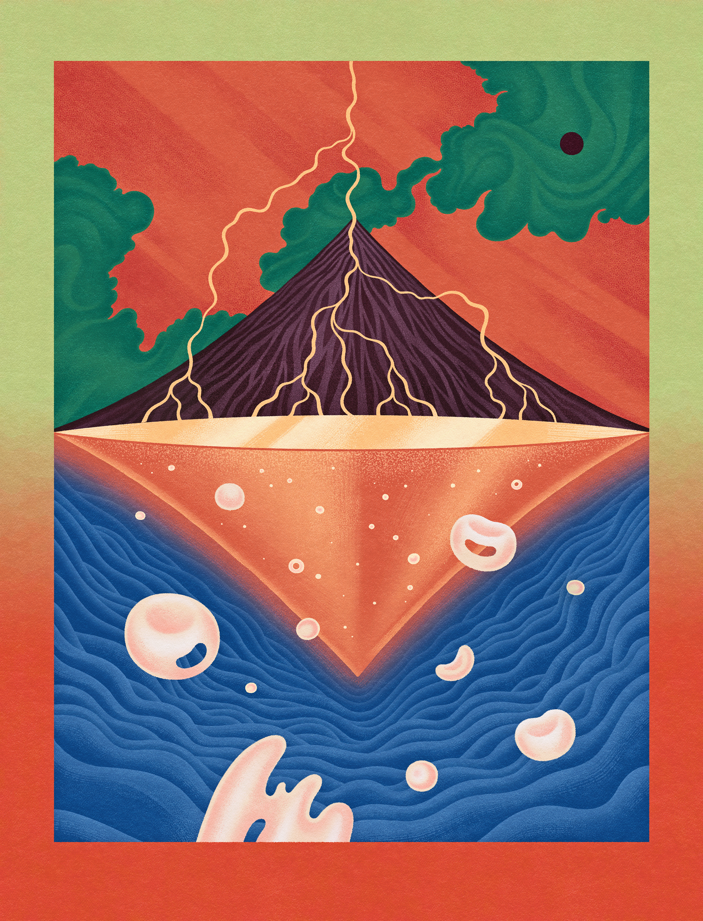 Under right conditions, volcanic lightning storms can trigger spontaneous development of simple organic compounds such as fatty and amino acids