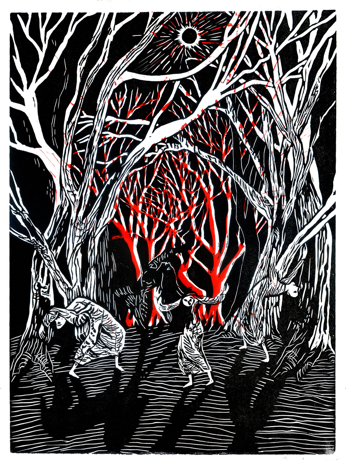 Invocation. Série de linogravures, deux passages. 39 x 30 cm. 2023