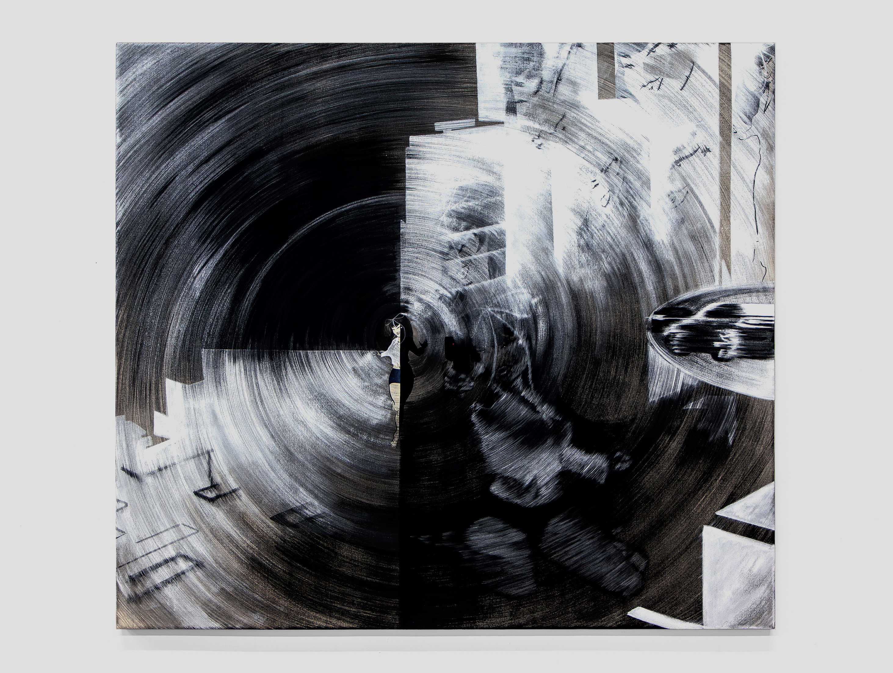 “Gillian’s Trap”, gunpowder and gouache on canvas, 64 X 72in., 2026