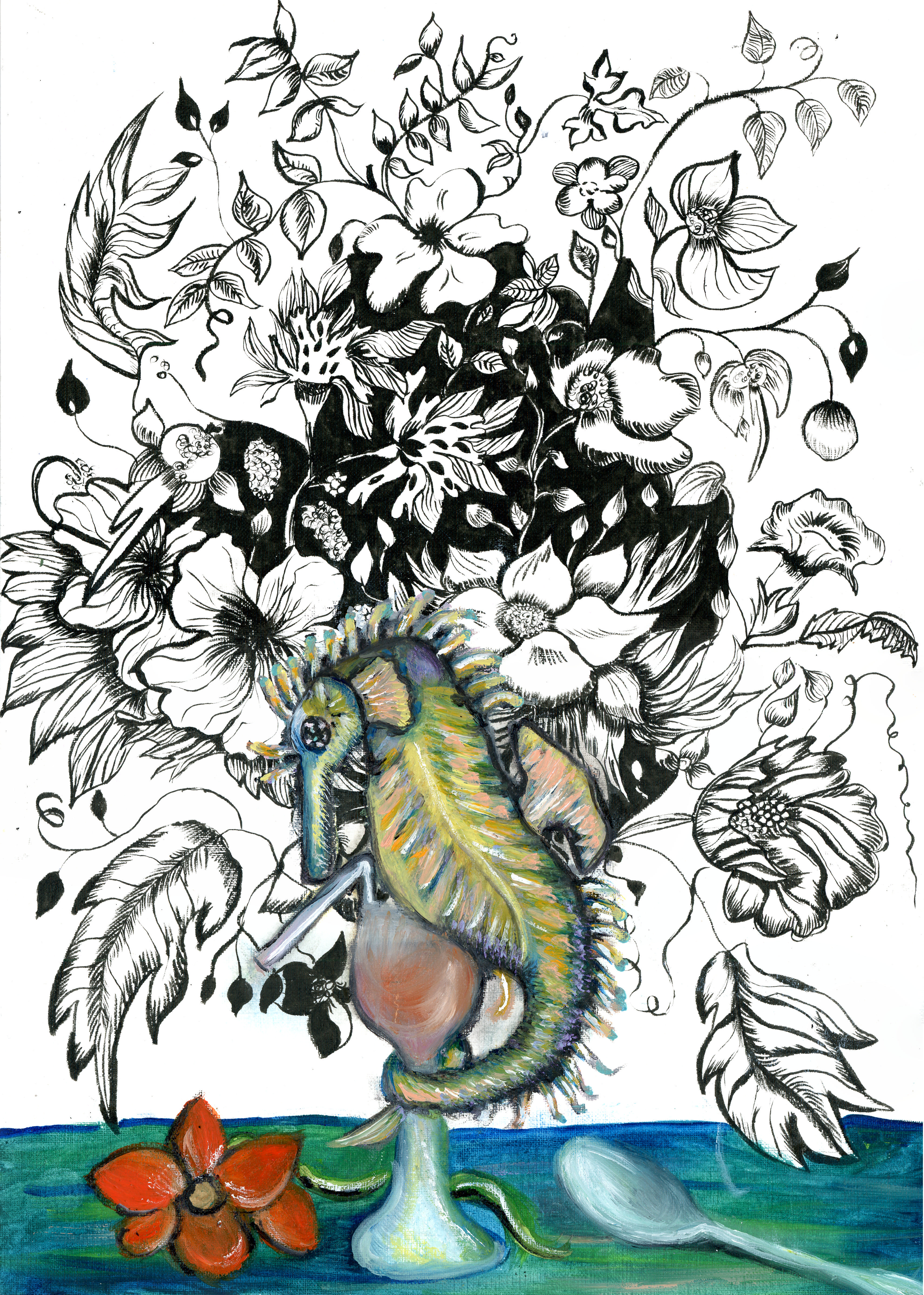 Hippocampe en fleurs,2019,huile sur papier/encre de chine,42x29,5cm