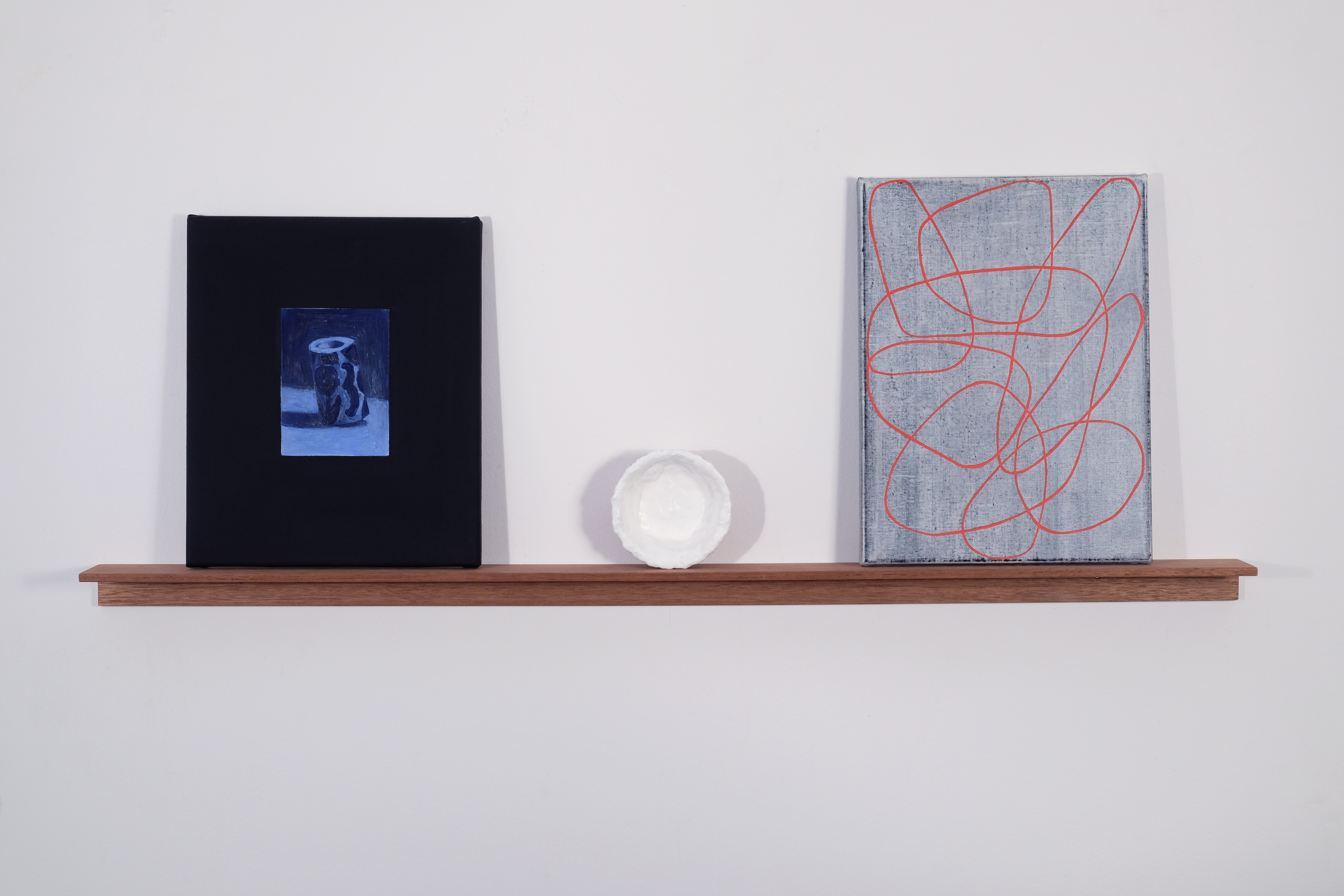 Untitled 2017, acrylic and oil on canvas and glass bowl on shelf, 45 x 120 cm