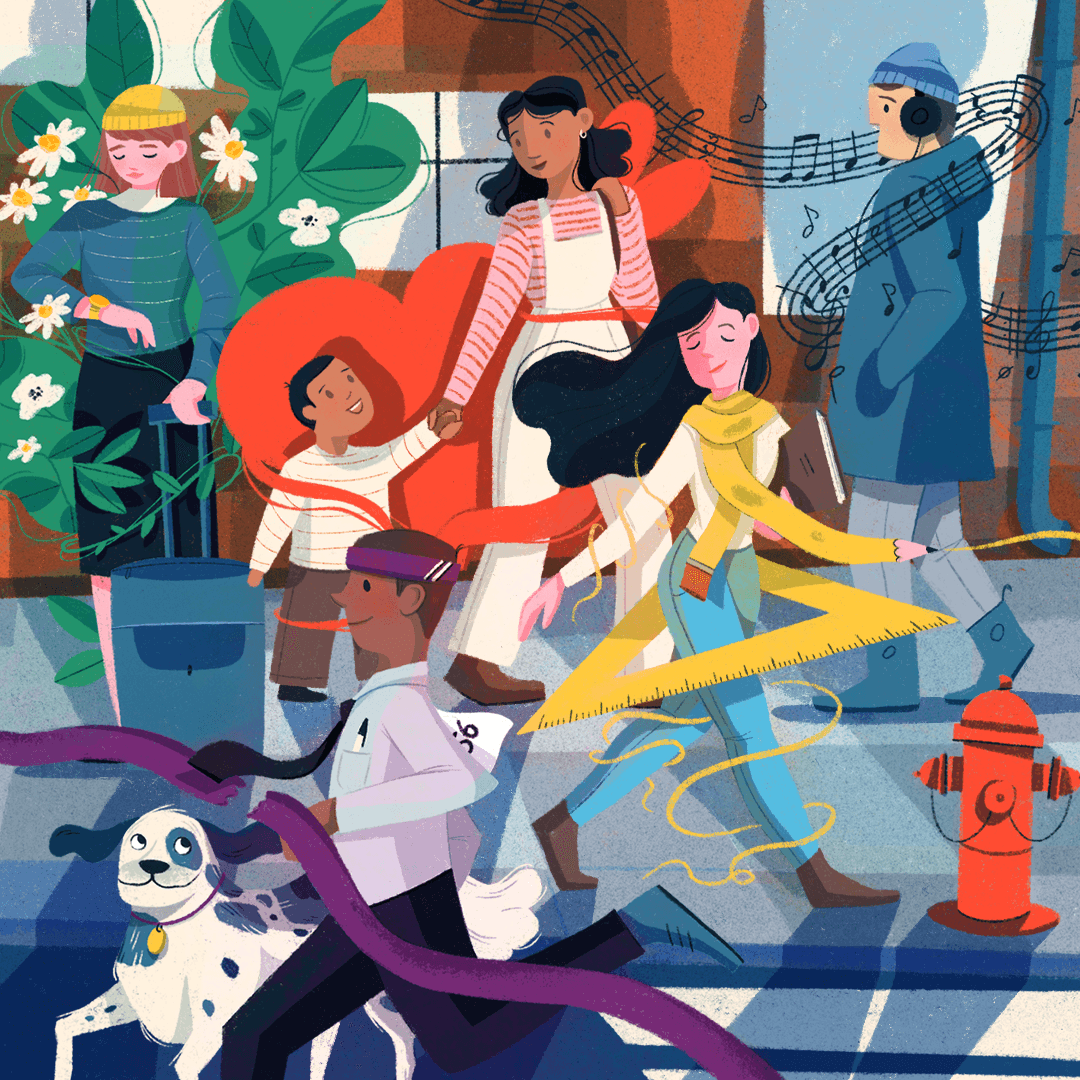 People walking in a busy street.