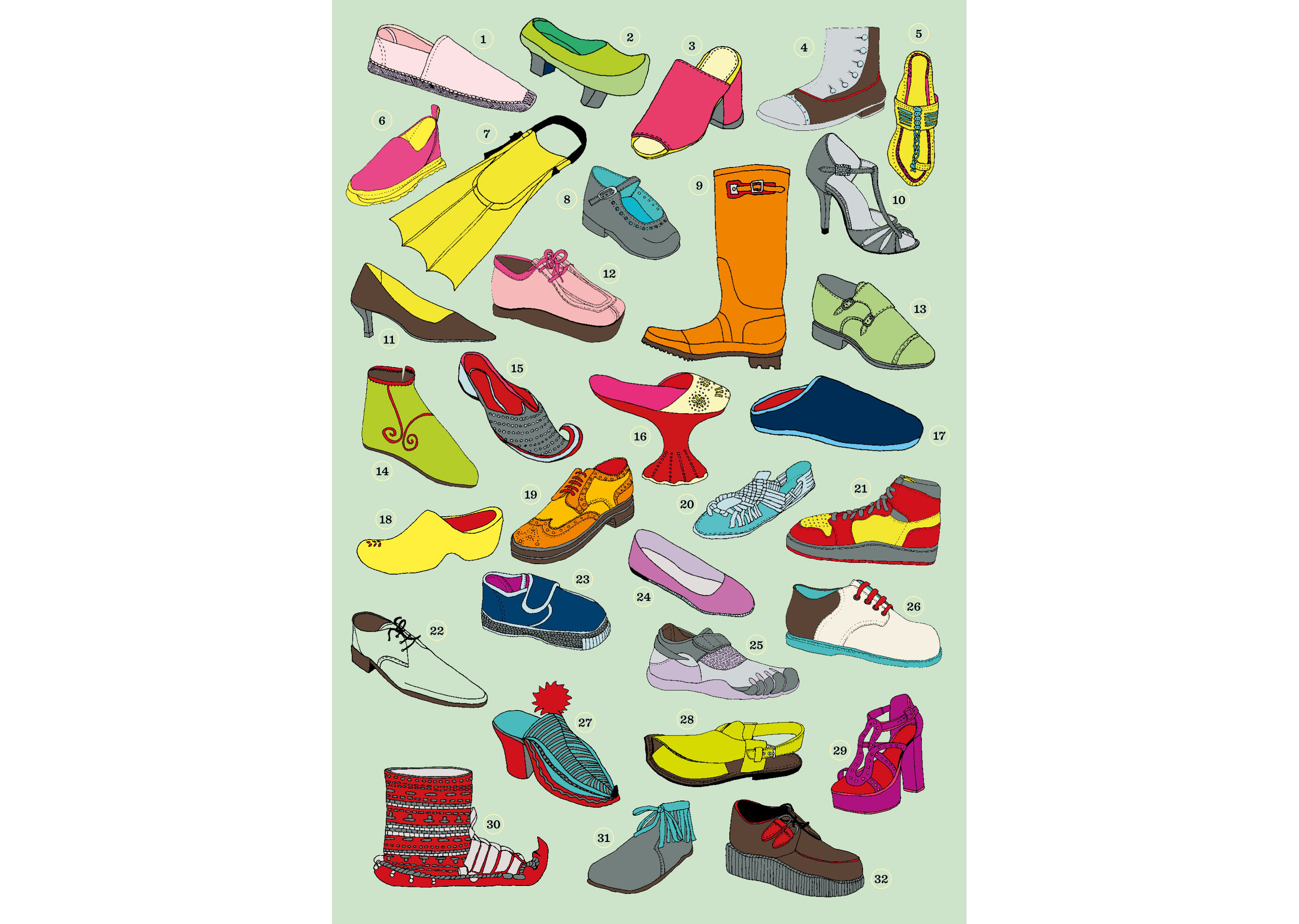  32 shoes drawn for number 32 (Buckle my shoe) of my Bingo book. Published by Quadrille, September 2017.