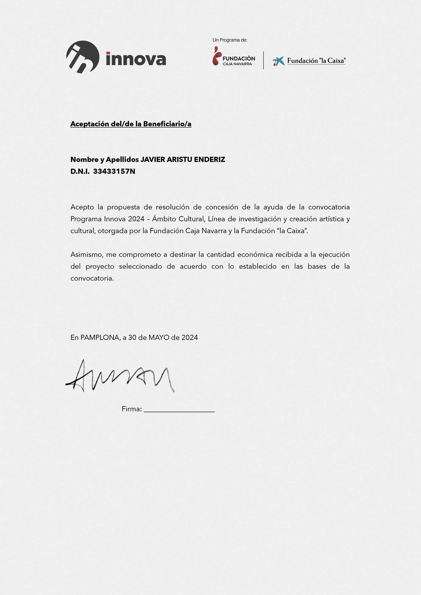 Aceptación de una beca del Programa Innova de Fundación Caja Navarra y Fundació La Caixa, Pamplona, 2024