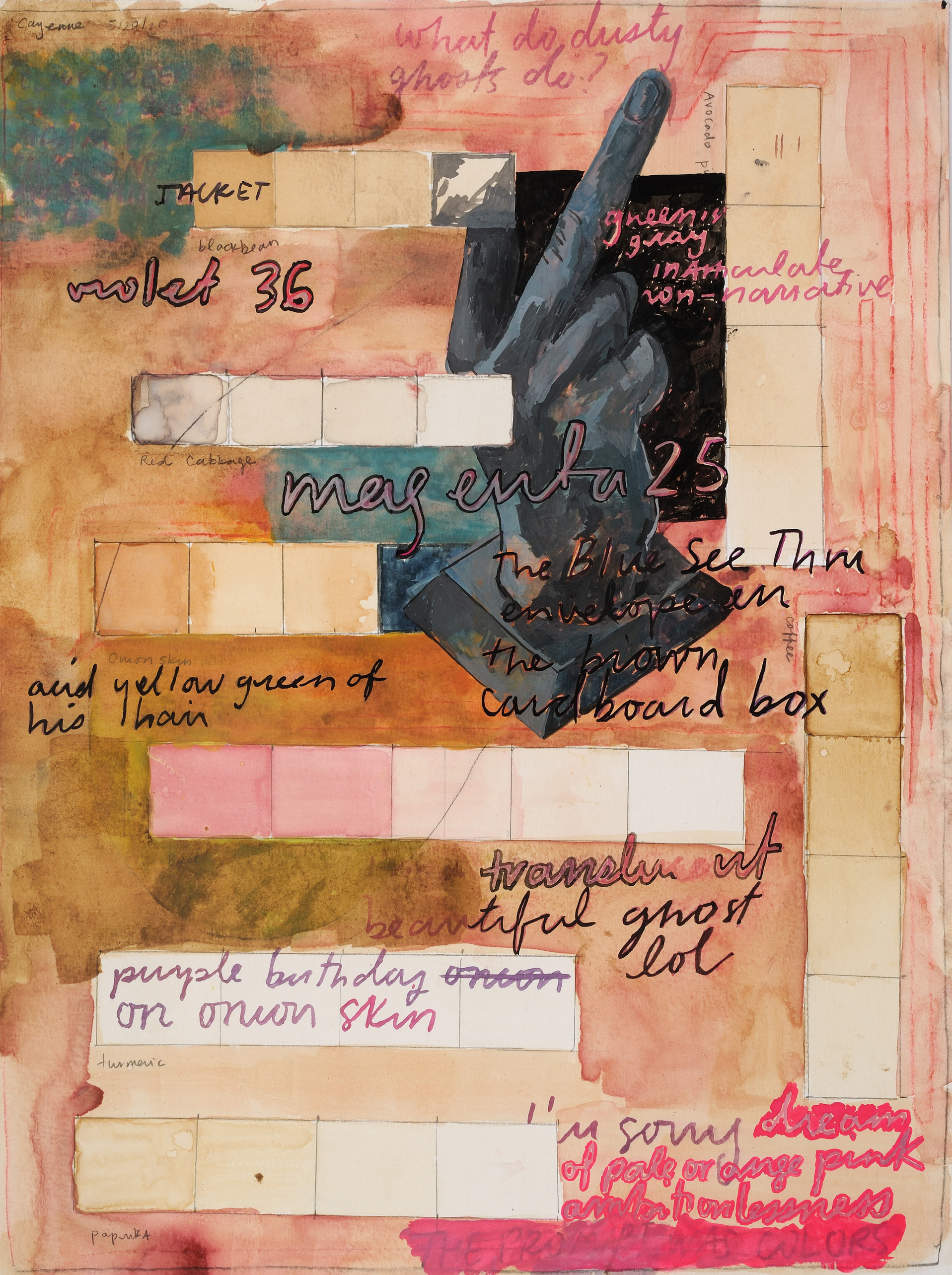 Violet 36 with melodramatic beetroot tears, 2020. Beet ink, onion ink, turmeric ink, gouache, watercolor, pencil, and other natural inks.