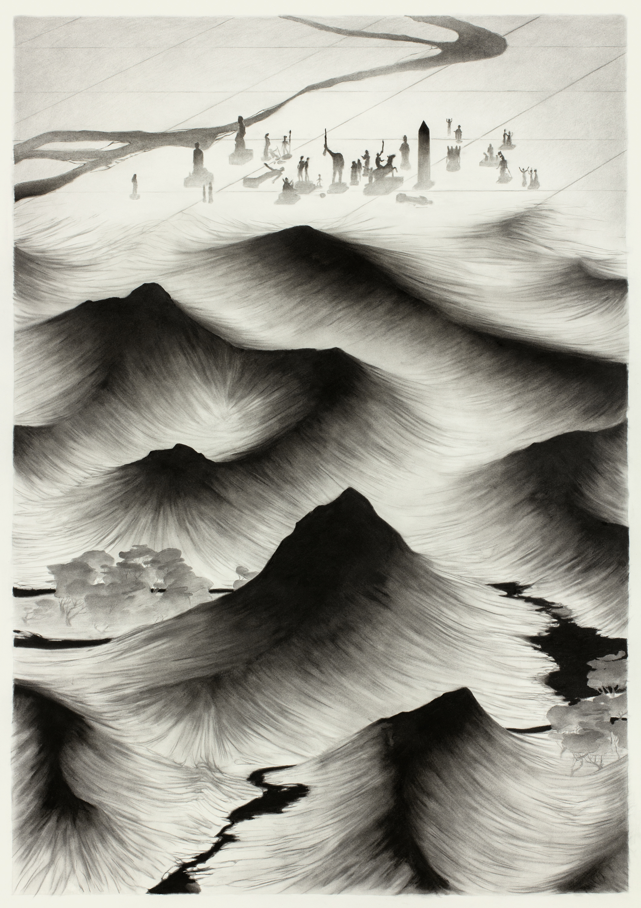 Inventaire (Procession II). 2023. Charcoal on paper / fusain sur papier. 57.5" x 40.5" (145 x 102cm)