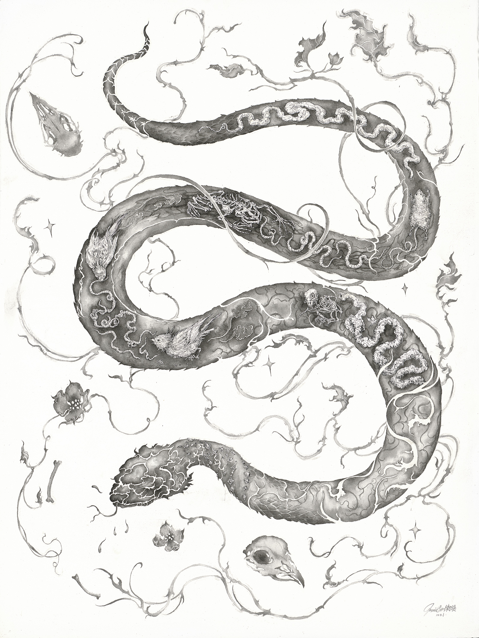 "An Act of Devouring: In The Belly of the Beast 吞食的動作:野獸的肚內", 57 x77 cm, ink on paper, 2021.