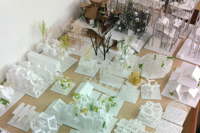 table of scale models // in the studio