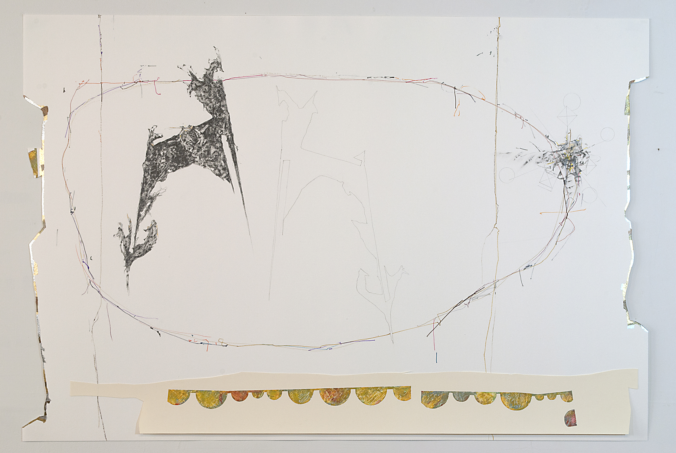 twinrocker and the burning star  Ink, graphite, aluminum and variegated leaf, gesso and oil pastel on shaped paper.  2013 - 27 x 32