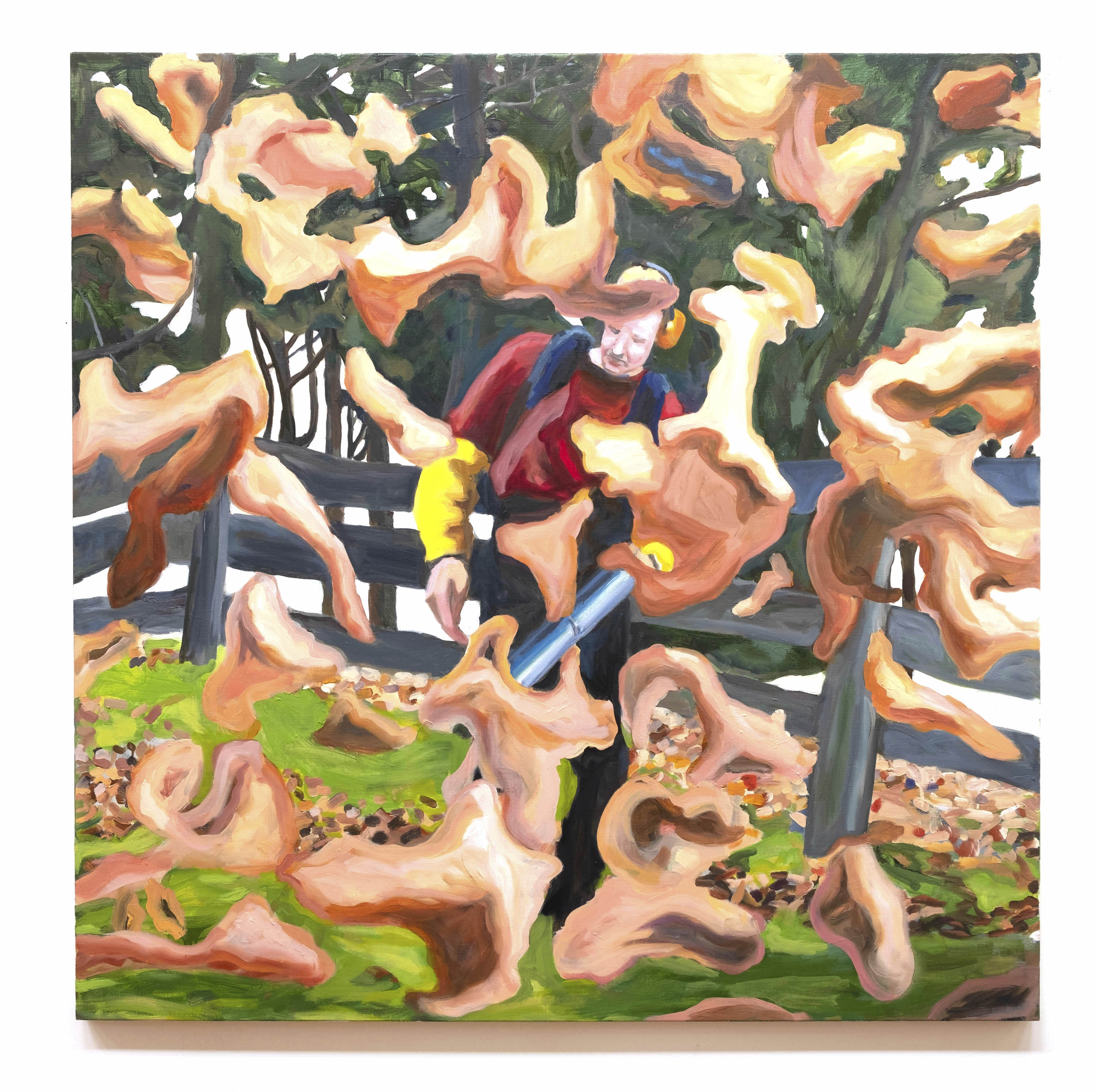 The leaf blower, oil on linen, 46 x 46  inches, 2017-2020 (private collection)