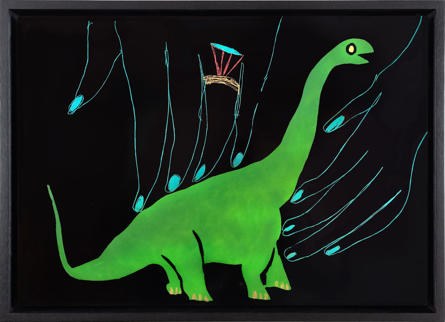 “Pet Dinosaur,” 202, pigment on wood, 11 ¹¹⁄₁₆" x 16 ¹¹⁄₁₆” 