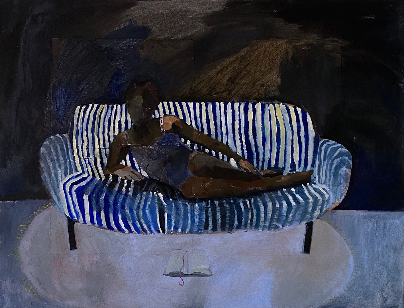 Self Portrait on Blue Couch 24” x 38” Photocollage and oil on canvas